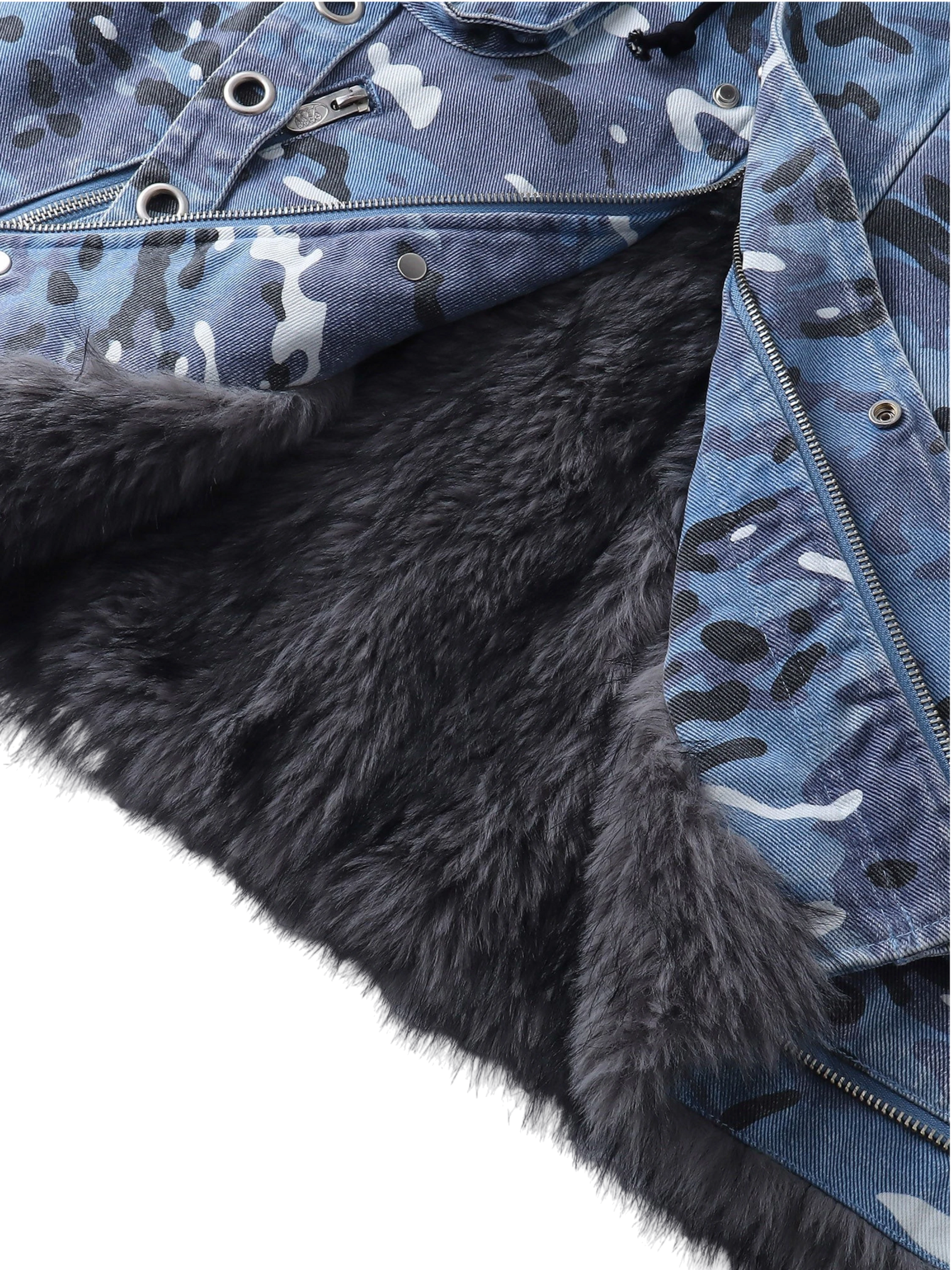 TBHNP Eclipse of the Blood Moon blue camo padded fur-collar jacket — men's streetwear jacket