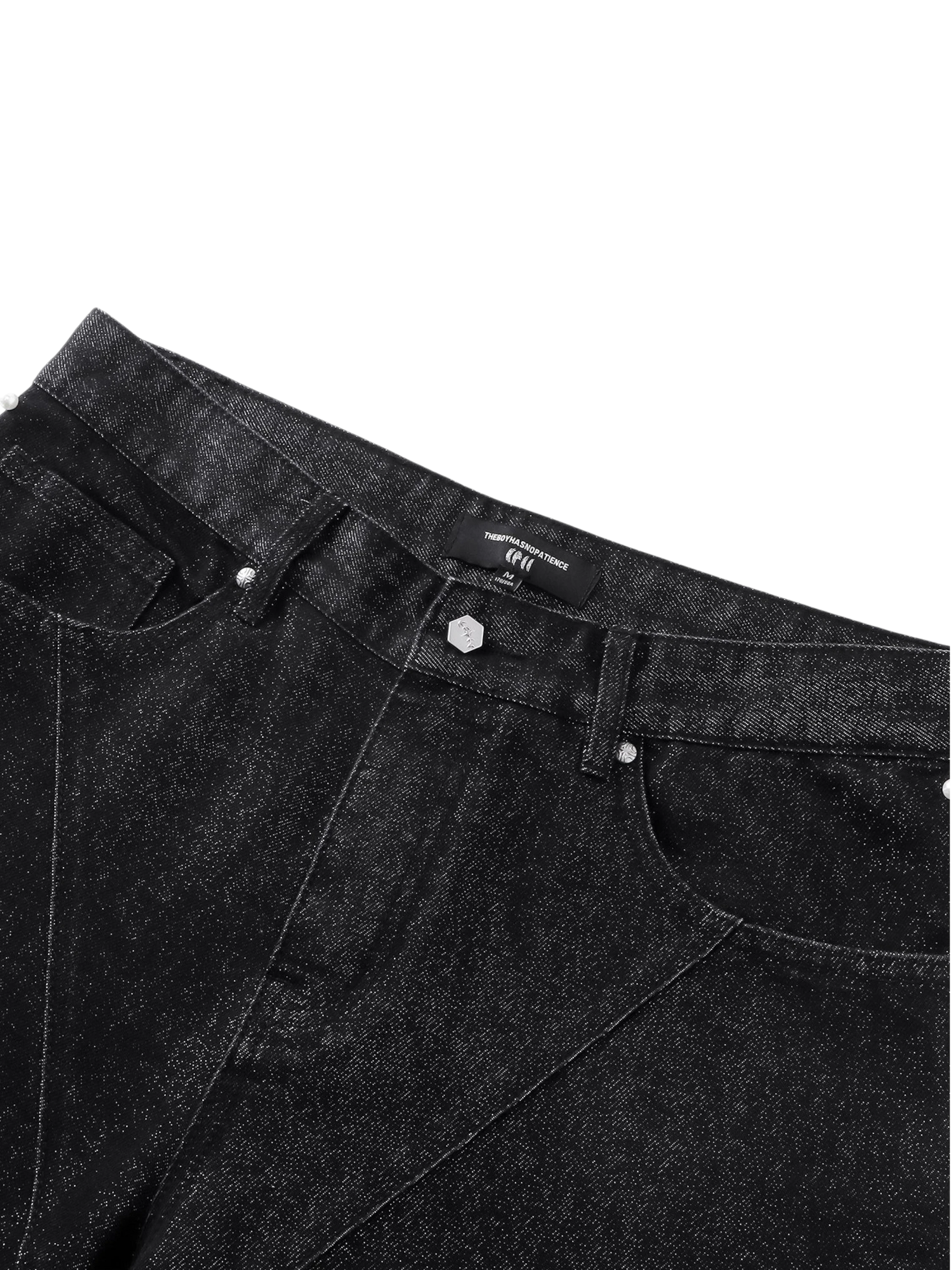 TBHNP Luminous Dawn astral logo coated flare jeans, black — men's streetwear denim