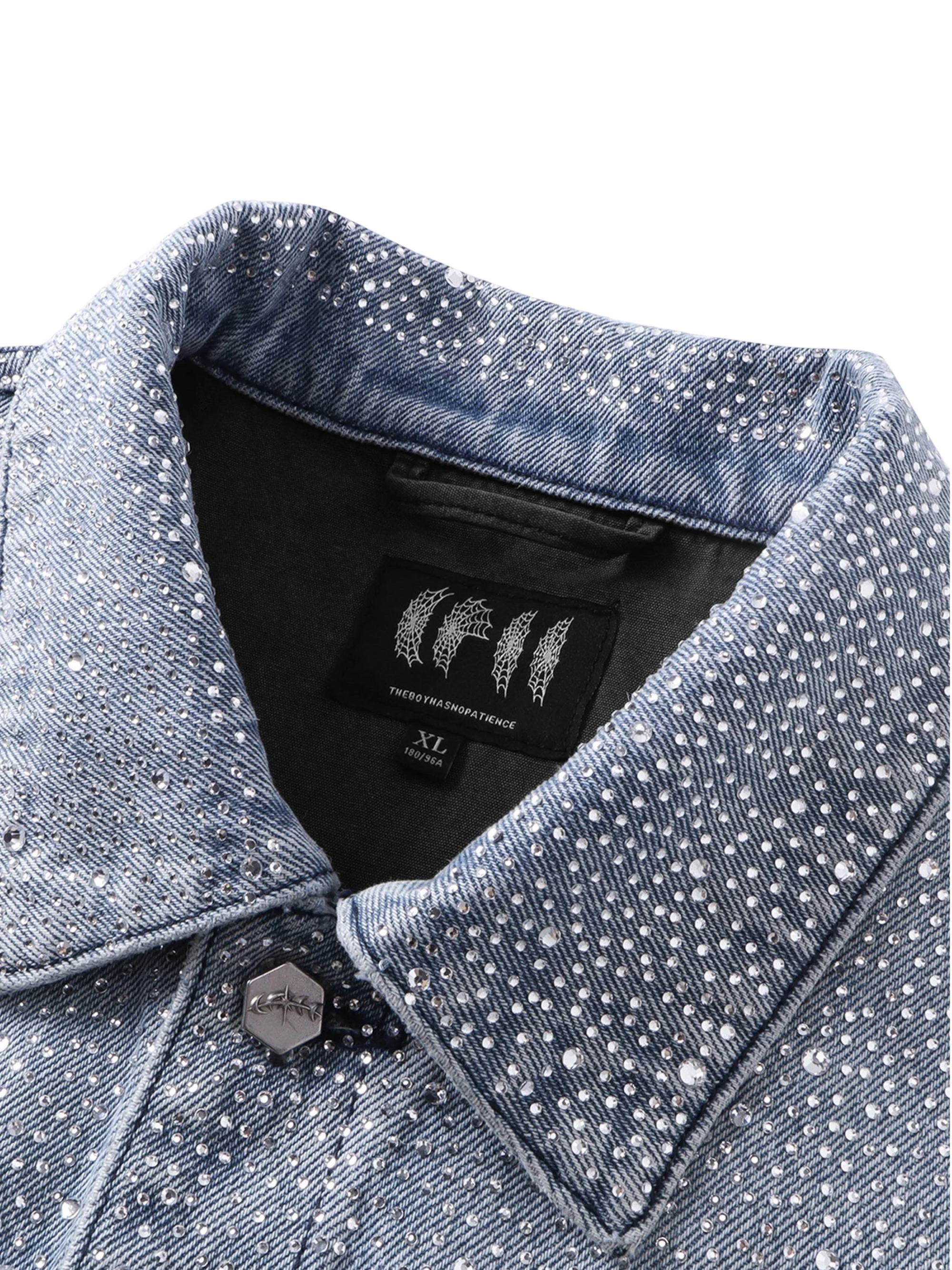 TBHNP Luminous Dawn rhinestone denim trucker jacket, blue — men's streetwear jacket