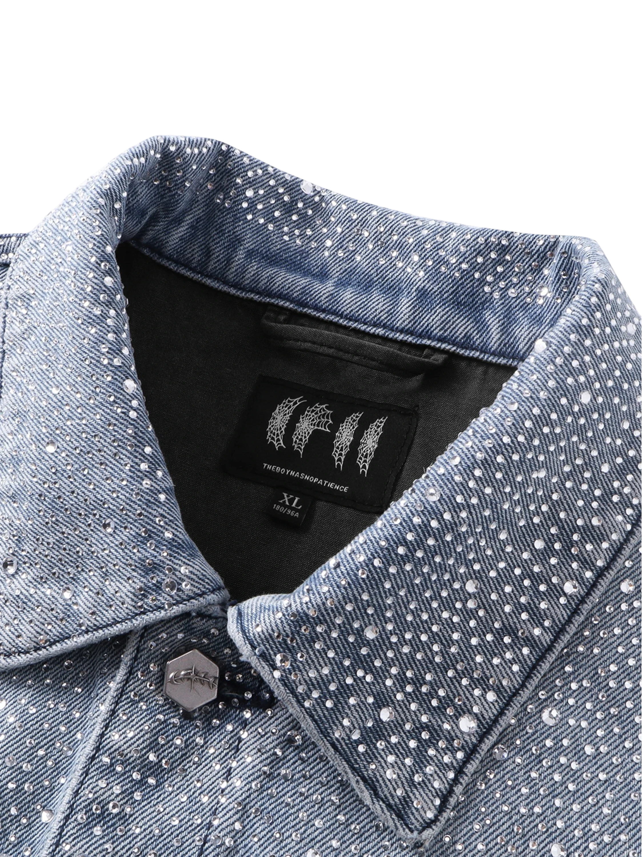 TBHNP Luminous Dawn rhinestone denim trucker jacket, blue — men's streetwear jacket