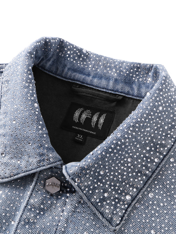 LUMINOUS DAWN RHINESTONE PEARL MESH DENIM JACKET