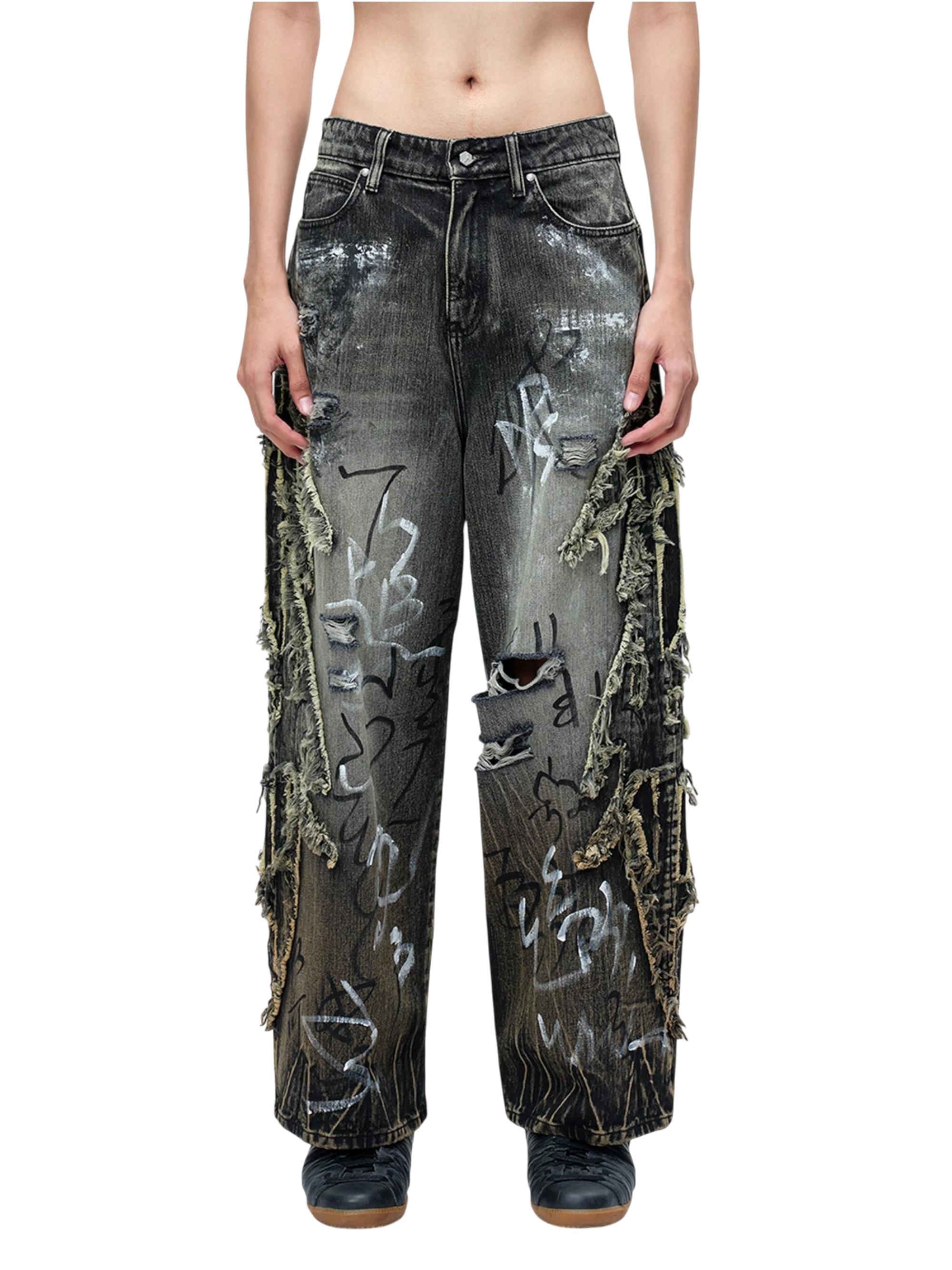 TBHNP Luminous Dawn graffiti distressed jeans, black — men's streetwear denim
