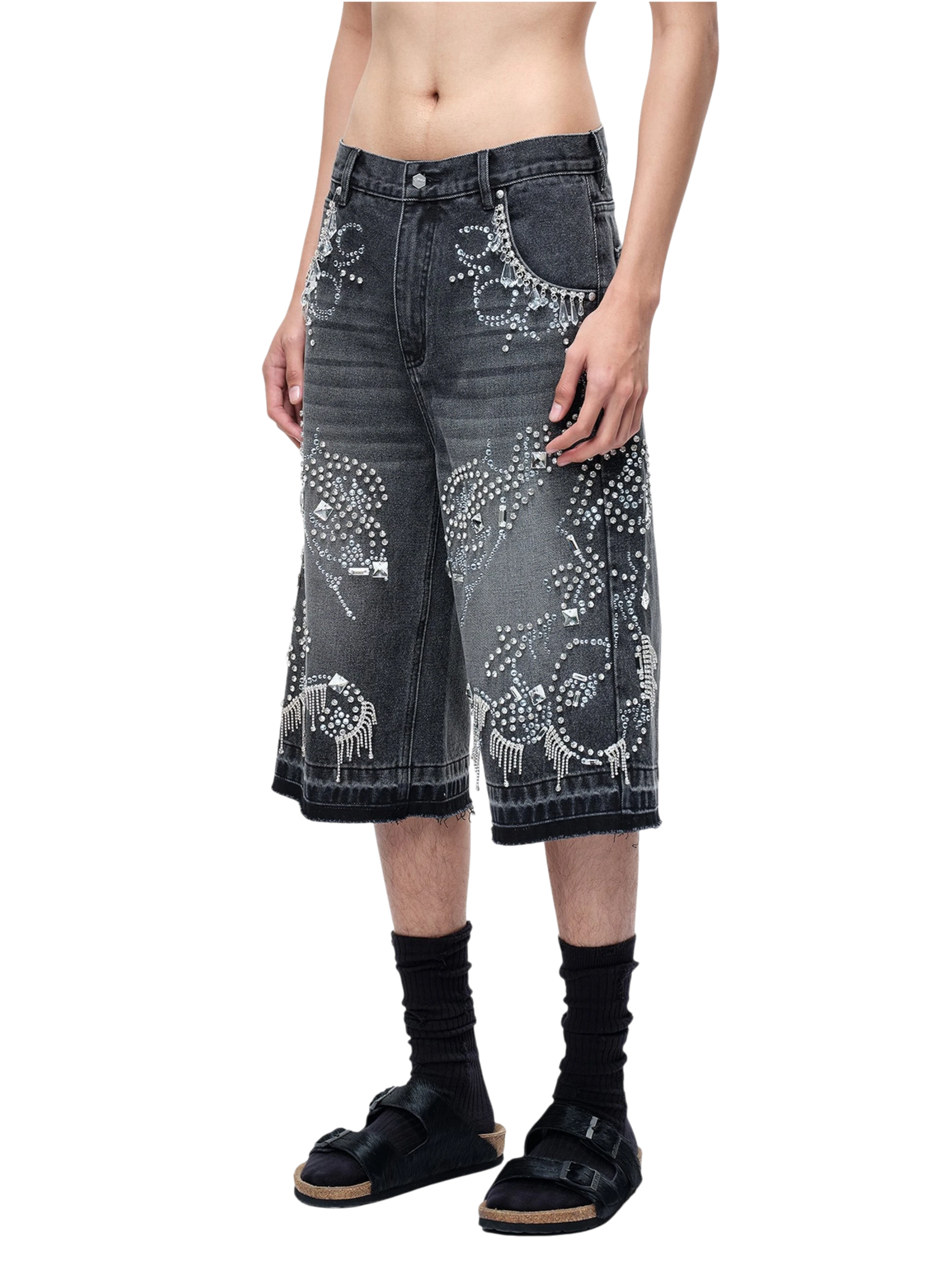 TBHNP Luminous Dawn rhinestone vine cropped wide-leg jeans — men's streetwear denim