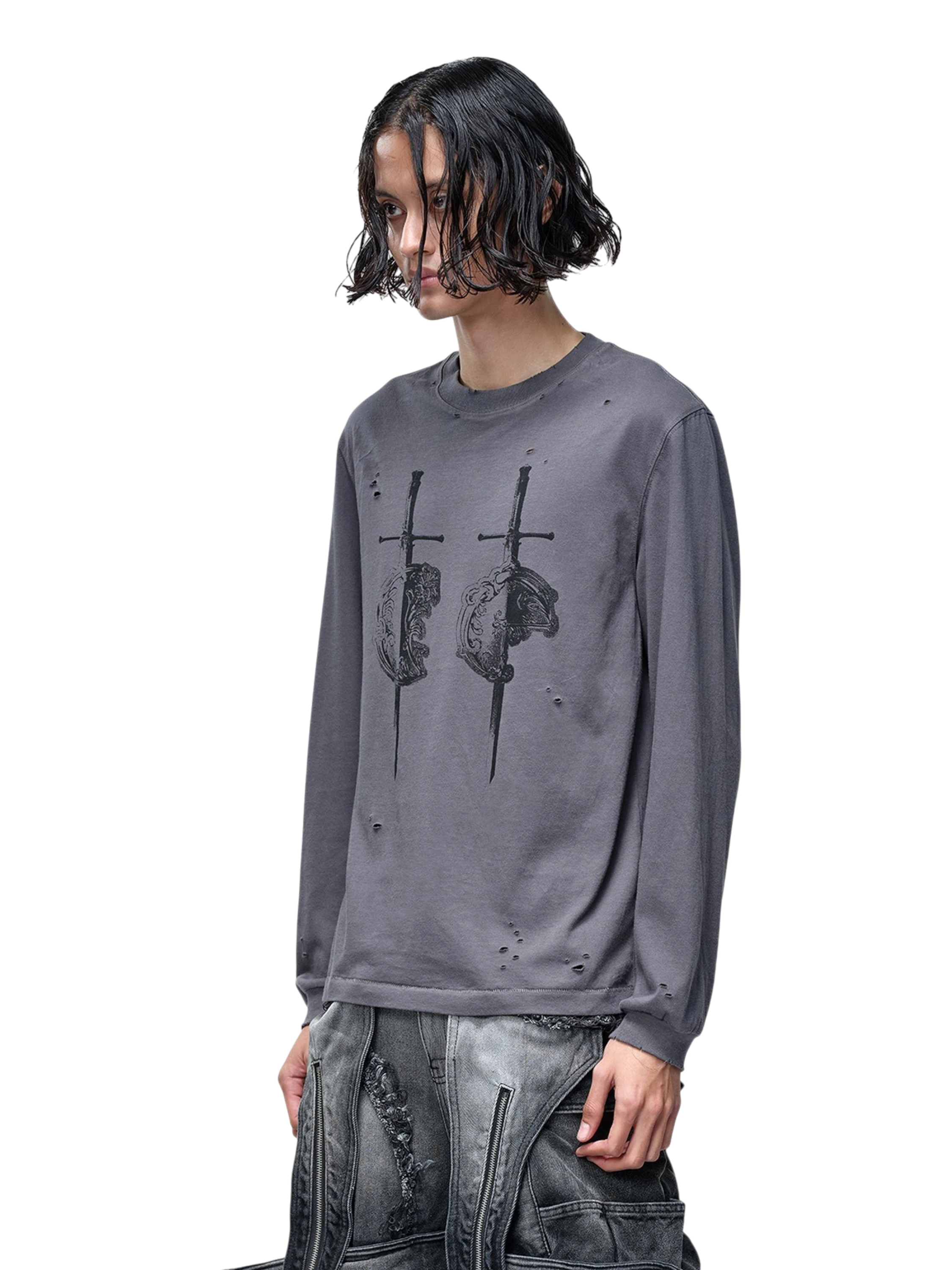 TBHNP Luminous Dawn distressed sword and shield print long-sleeve cotton t-shirt — men's streetwear long sleeve tee