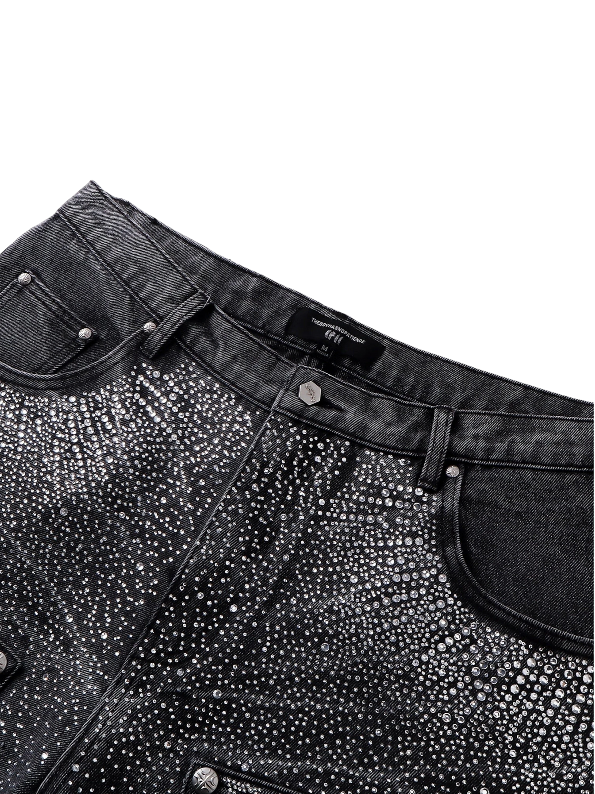 TBHNP Luminous Dawn cobweb rhinestone cropped jeans — men's streetwear denim