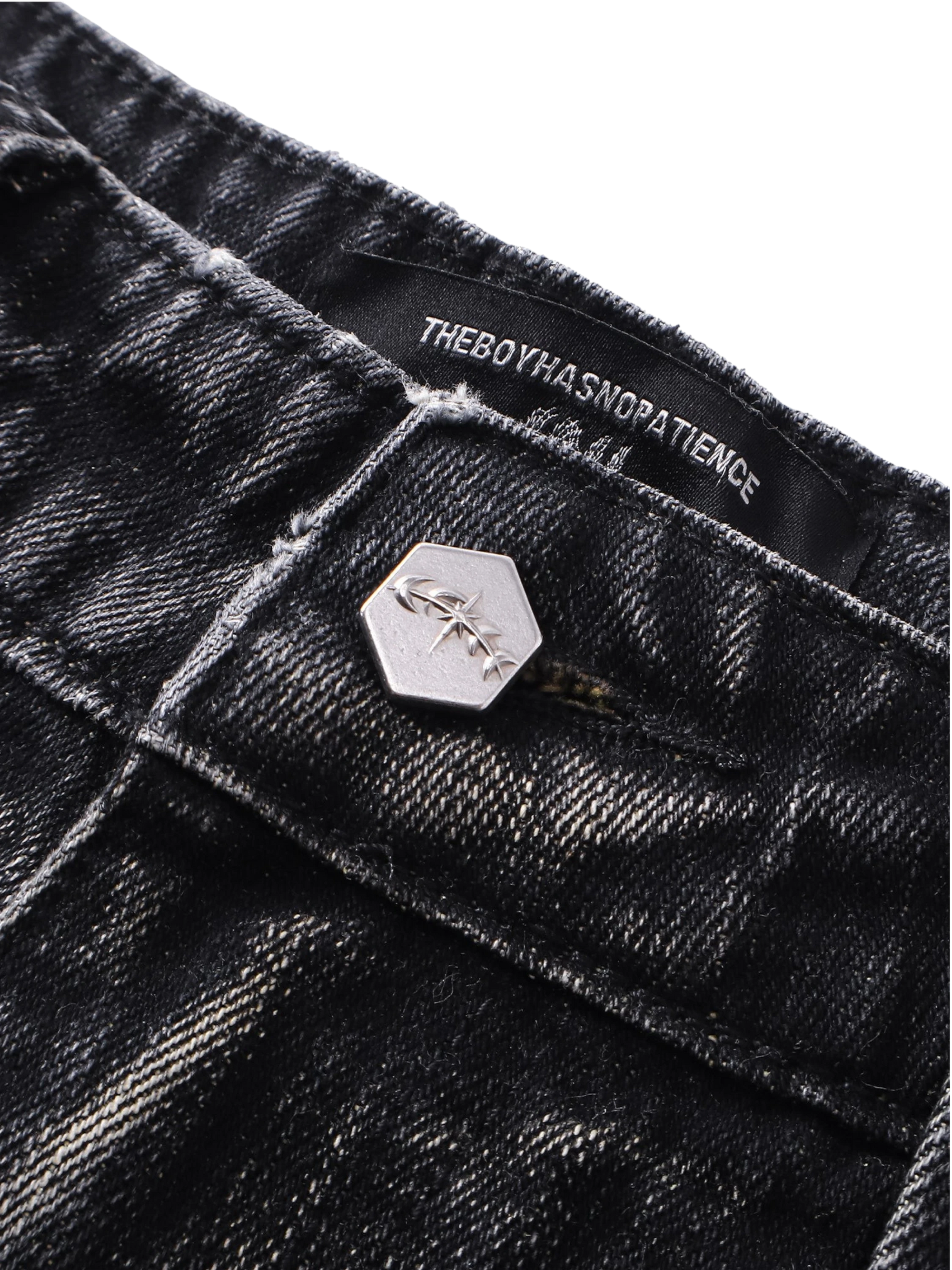 TBHNP Luminous Dawn graffiti distressed jeans, black — men's streetwear denim