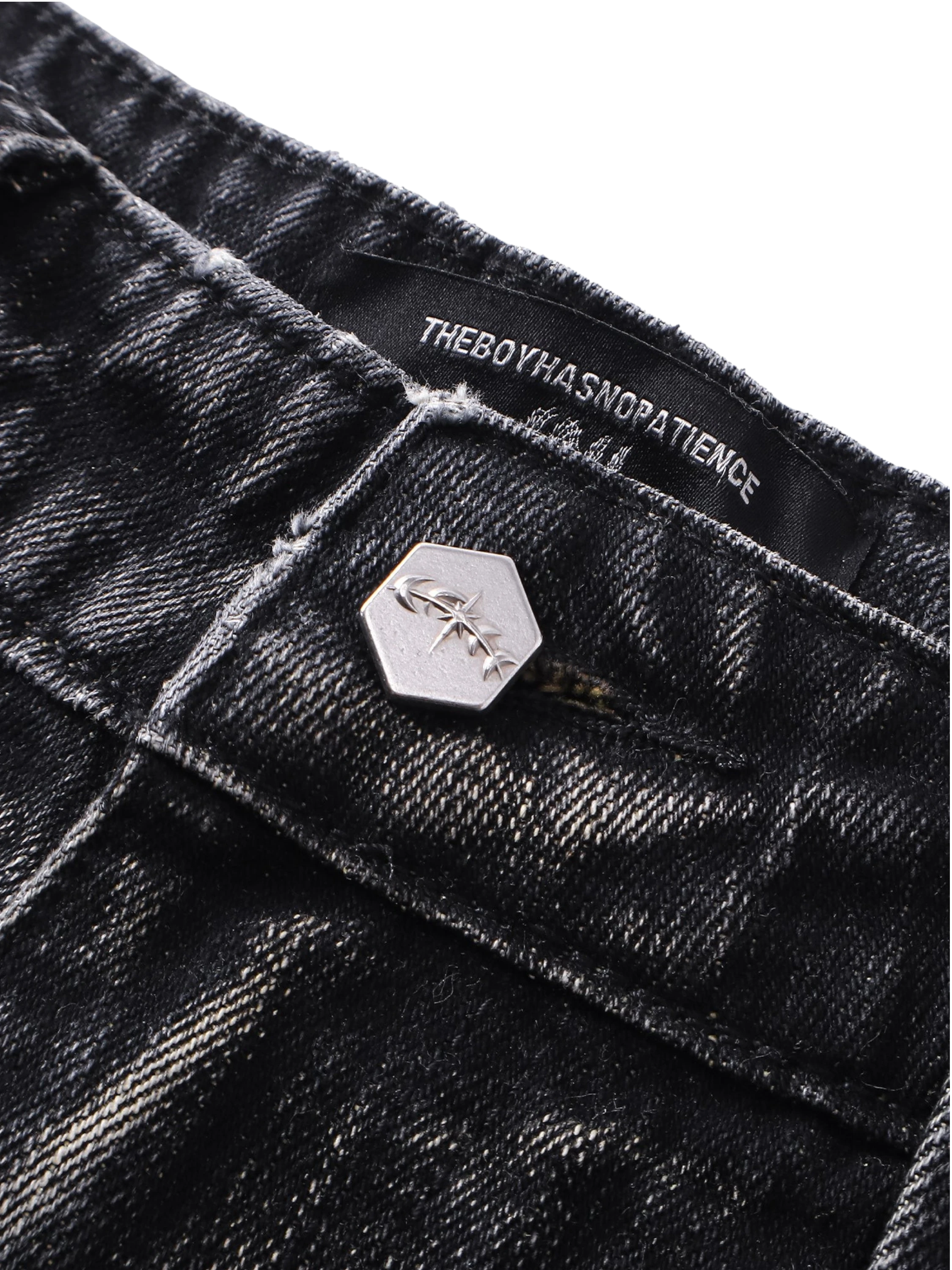 TBHNP Luminous Dawn graffiti distressed jeans, black — men's streetwear denim