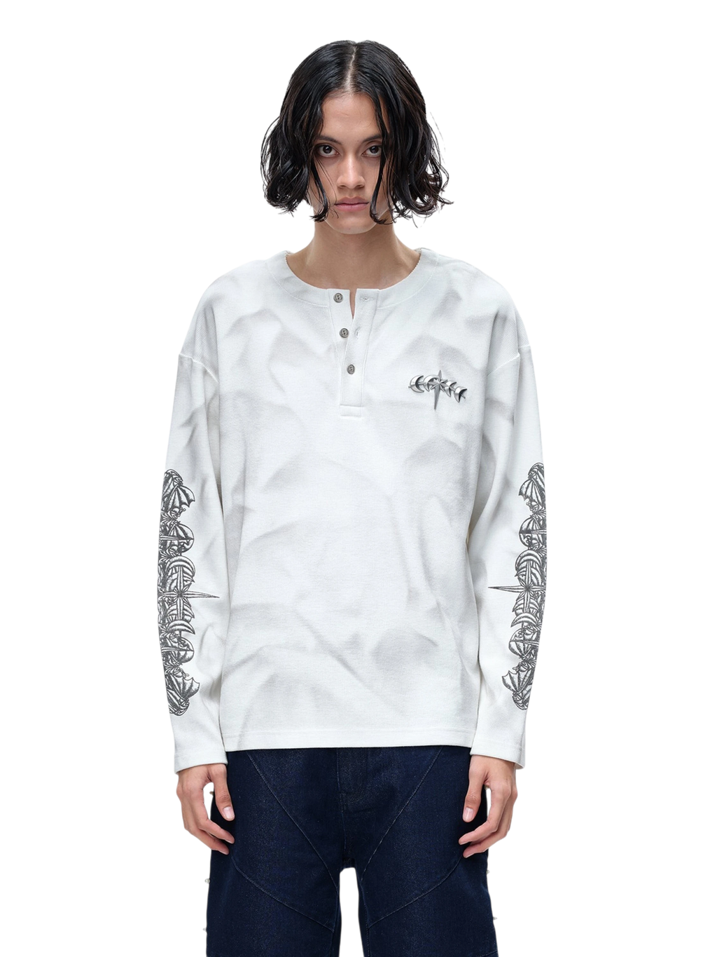 LUMINOUS DAWN WAFFLE-KNIT HENLEY LONG-SLEEVE TEE