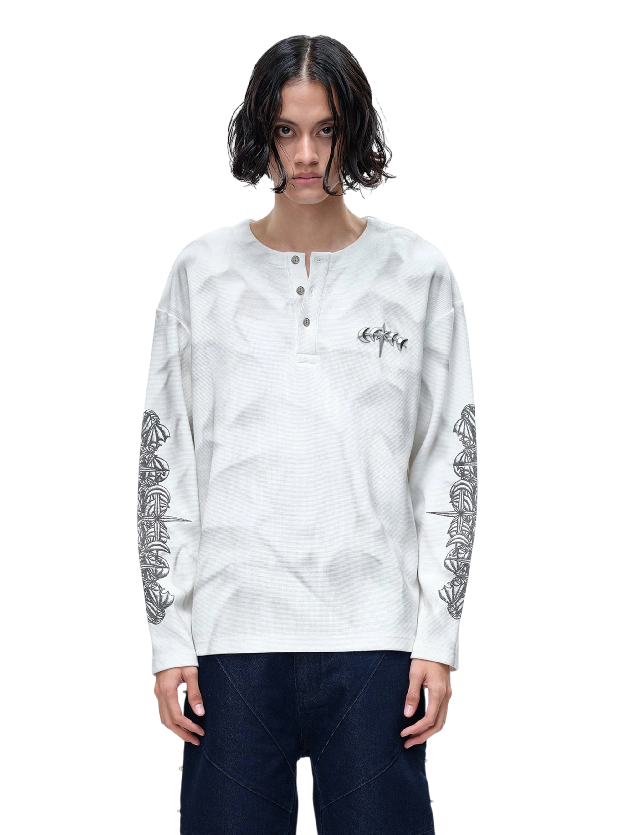 TBHNP Luminous Dawn waffle-knit henley long-sleeve top with metal chest badge — men's streetwear henley