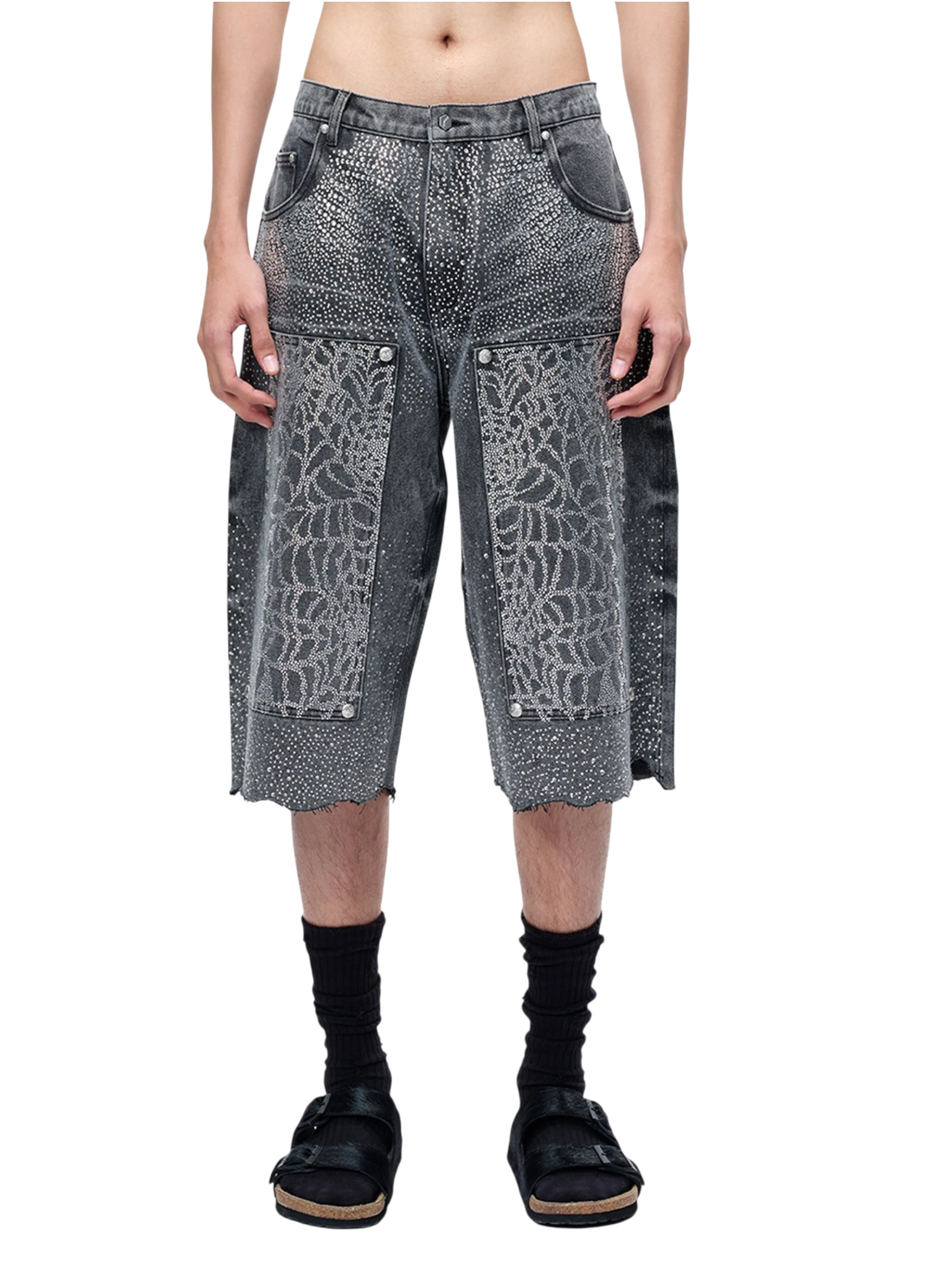 TBHNP Luminous Dawn cobweb rhinestone cropped jeans — men's streetwear denim