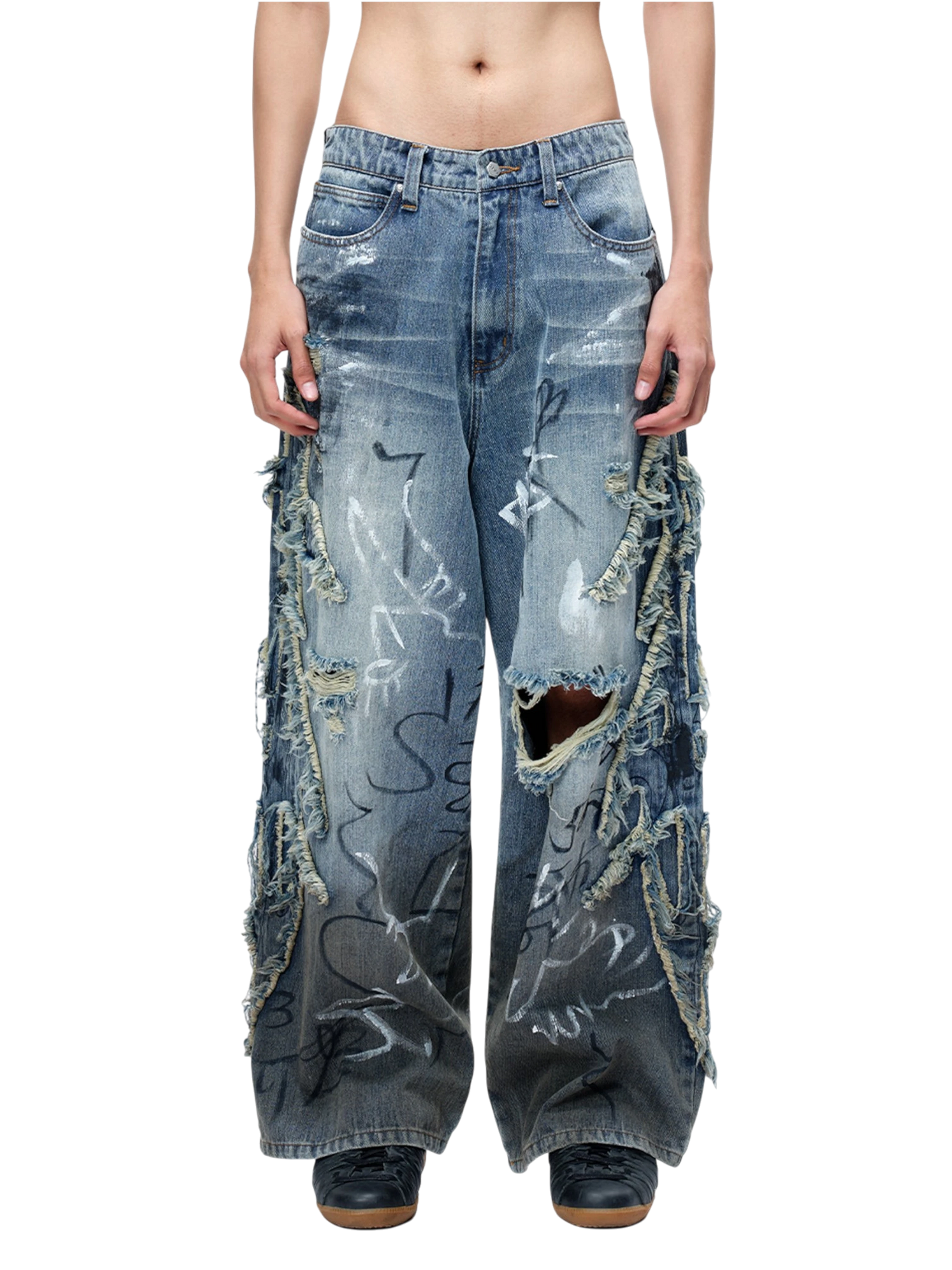 TBHNP Luminous Dawn baggy faded graffiti jeans, blue — men's distressed streetwear denim