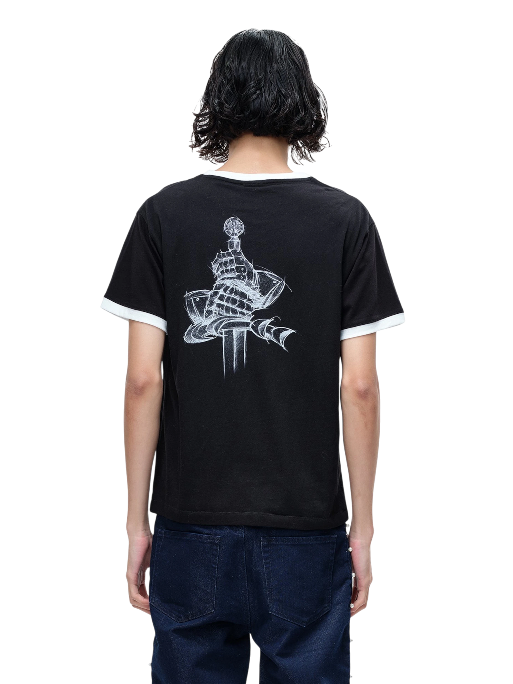 TBHNP Luminous Dawn sketch knight rhinestone ringer tee — men's streetwear graphic tee