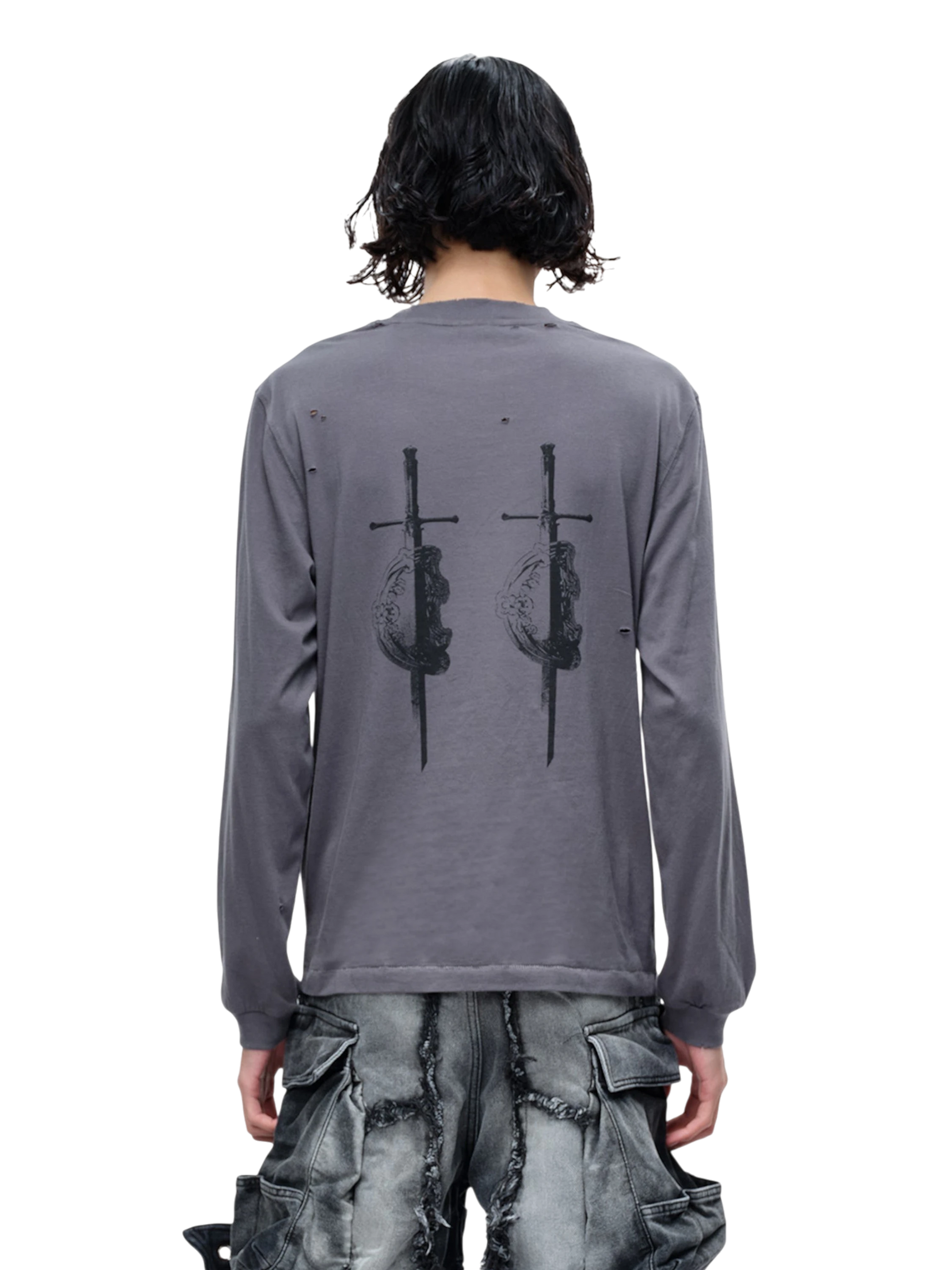 TBHNP Luminous Dawn distressed sword and shield print long-sleeve cotton t-shirt — men's streetwear long sleeve tee