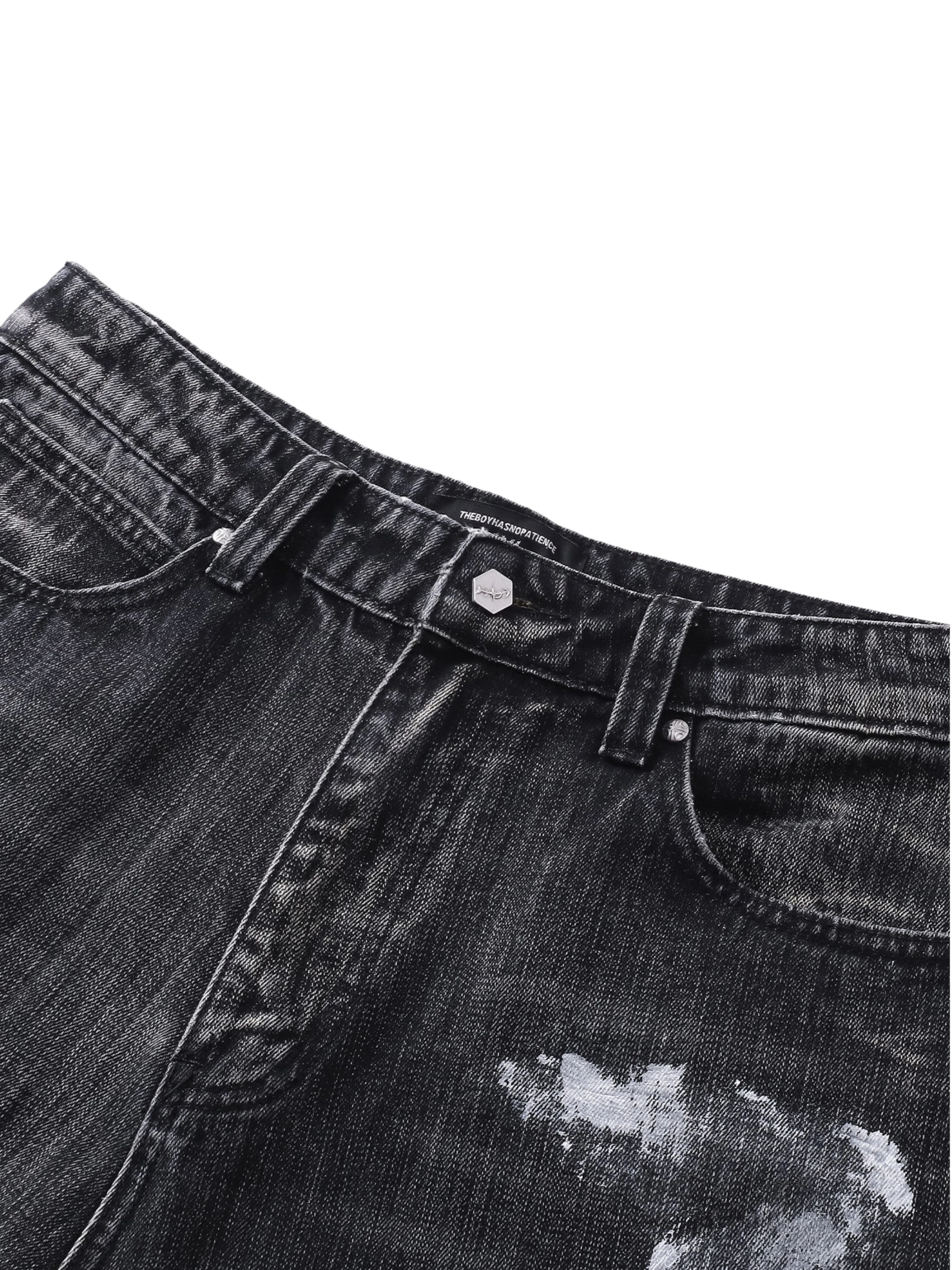TBHNP Luminous Dawn graffiti distressed jeans, black — men's streetwear denim