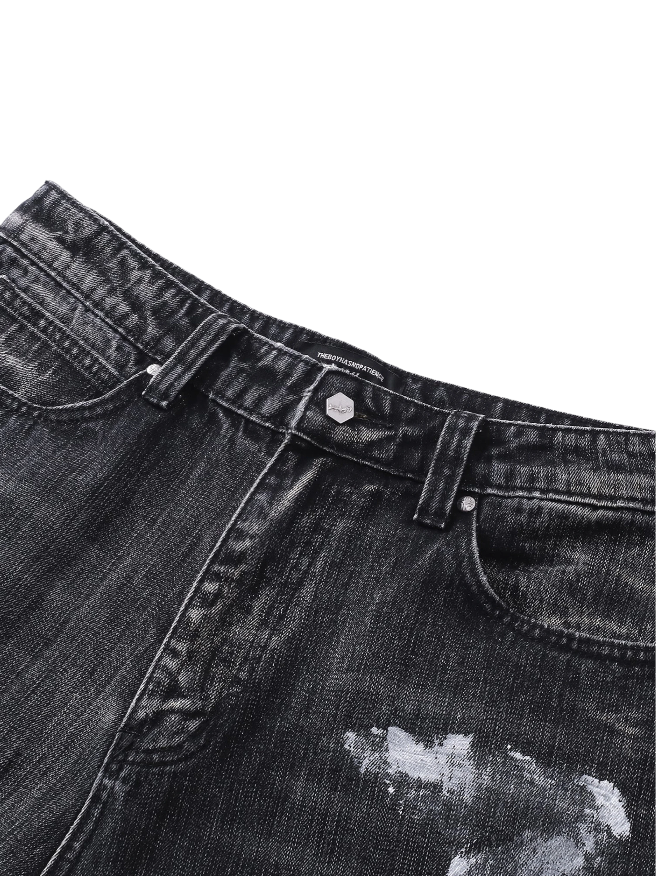 TBHNP Luminous Dawn graffiti distressed jeans, black — men's streetwear denim