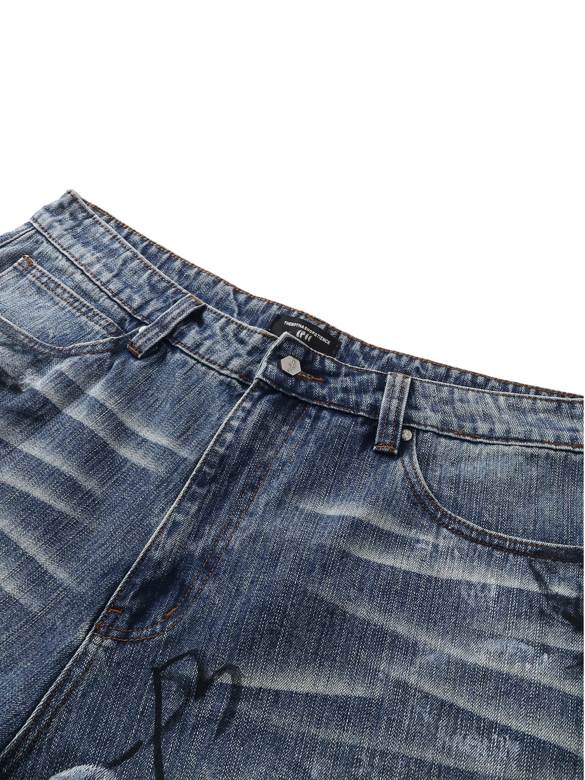 TBHNP Luminous Dawn baggy faded graffiti jeans, blue — men's distressed streetwear denim