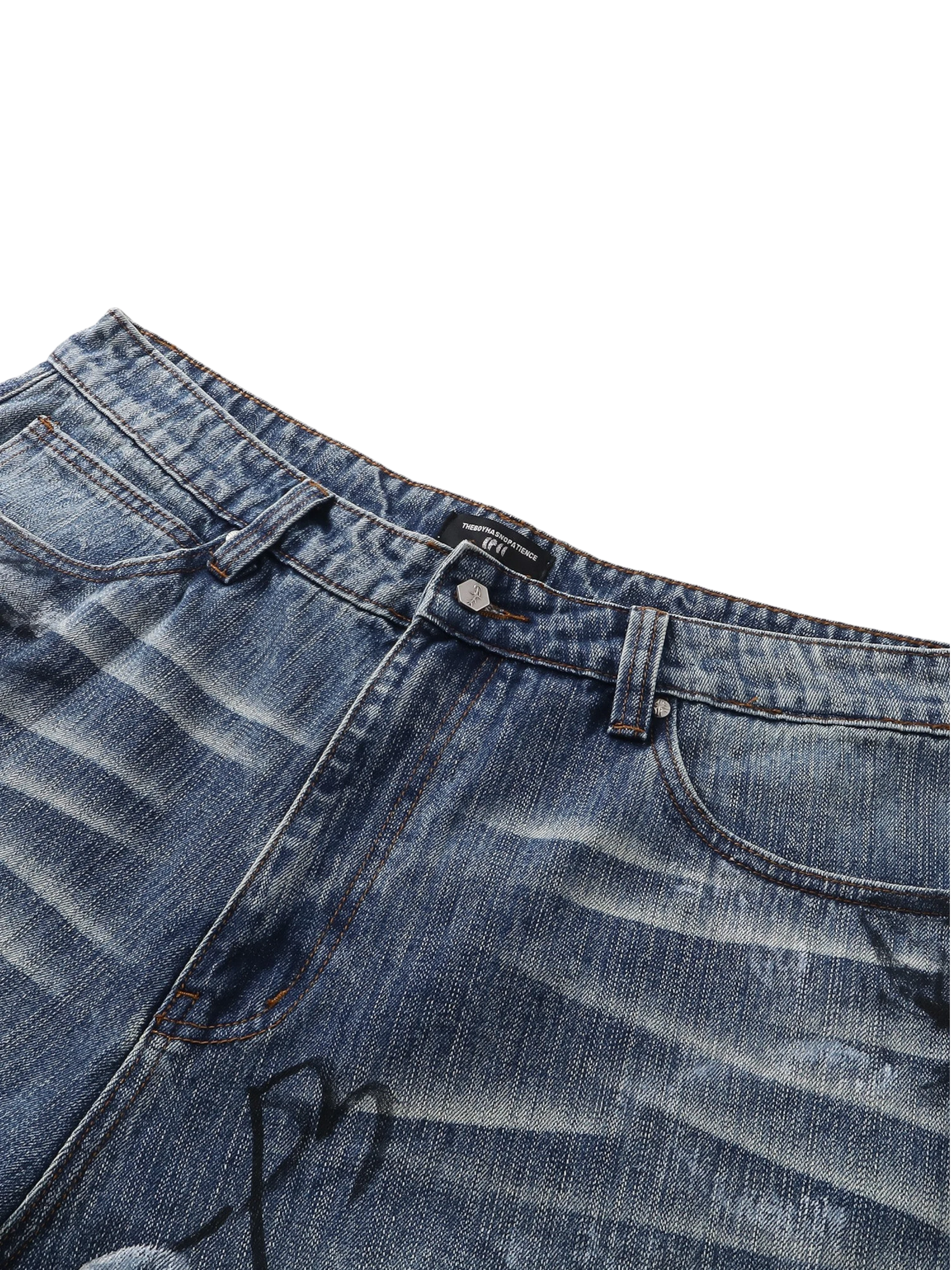 TBHNP Luminous Dawn baggy faded graffiti jeans, blue — men's distressed streetwear denim