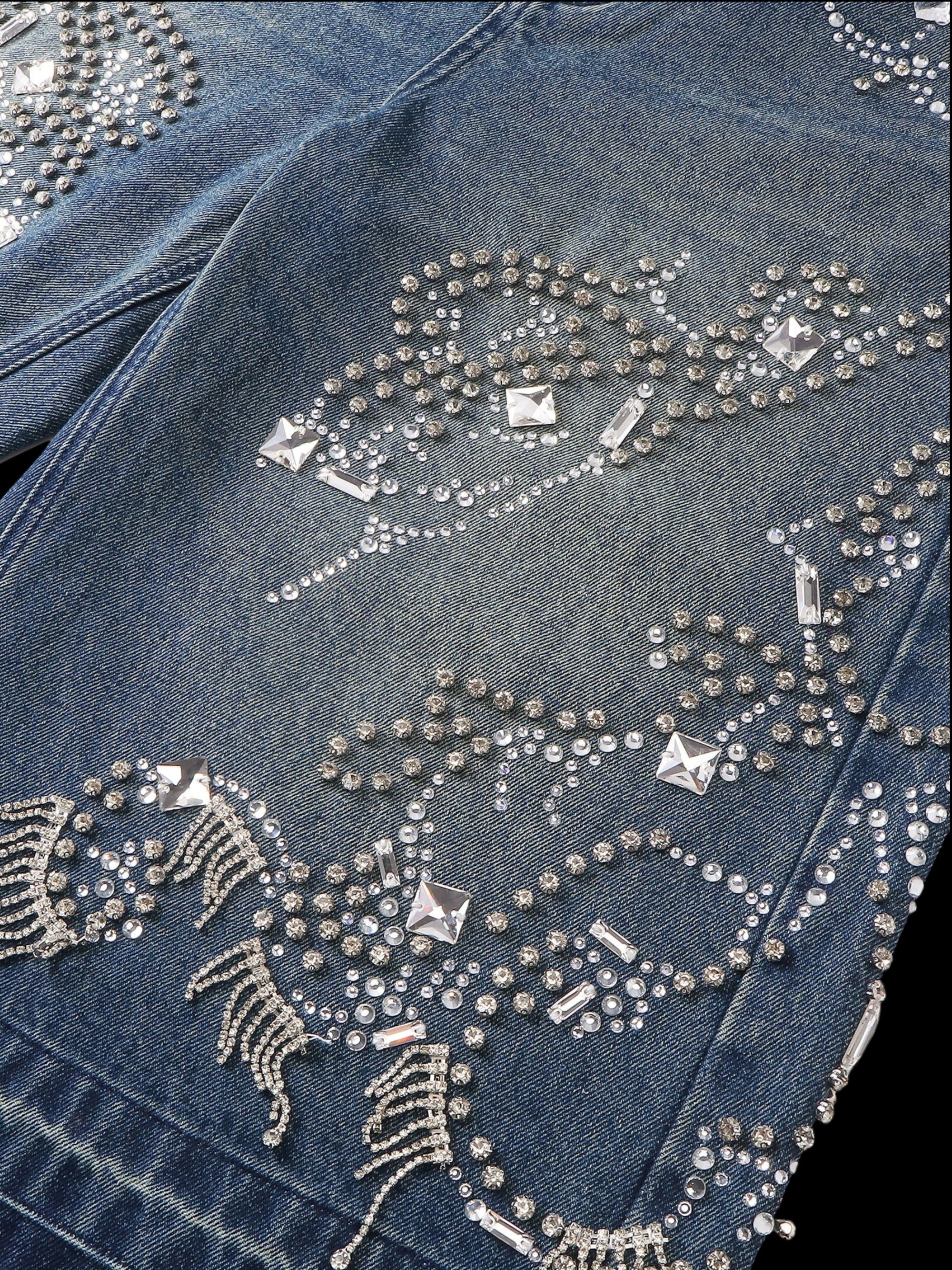 TBHNP Luminous Dawn rhinestone vine cropped wide-leg jeans — men's streetwear denim