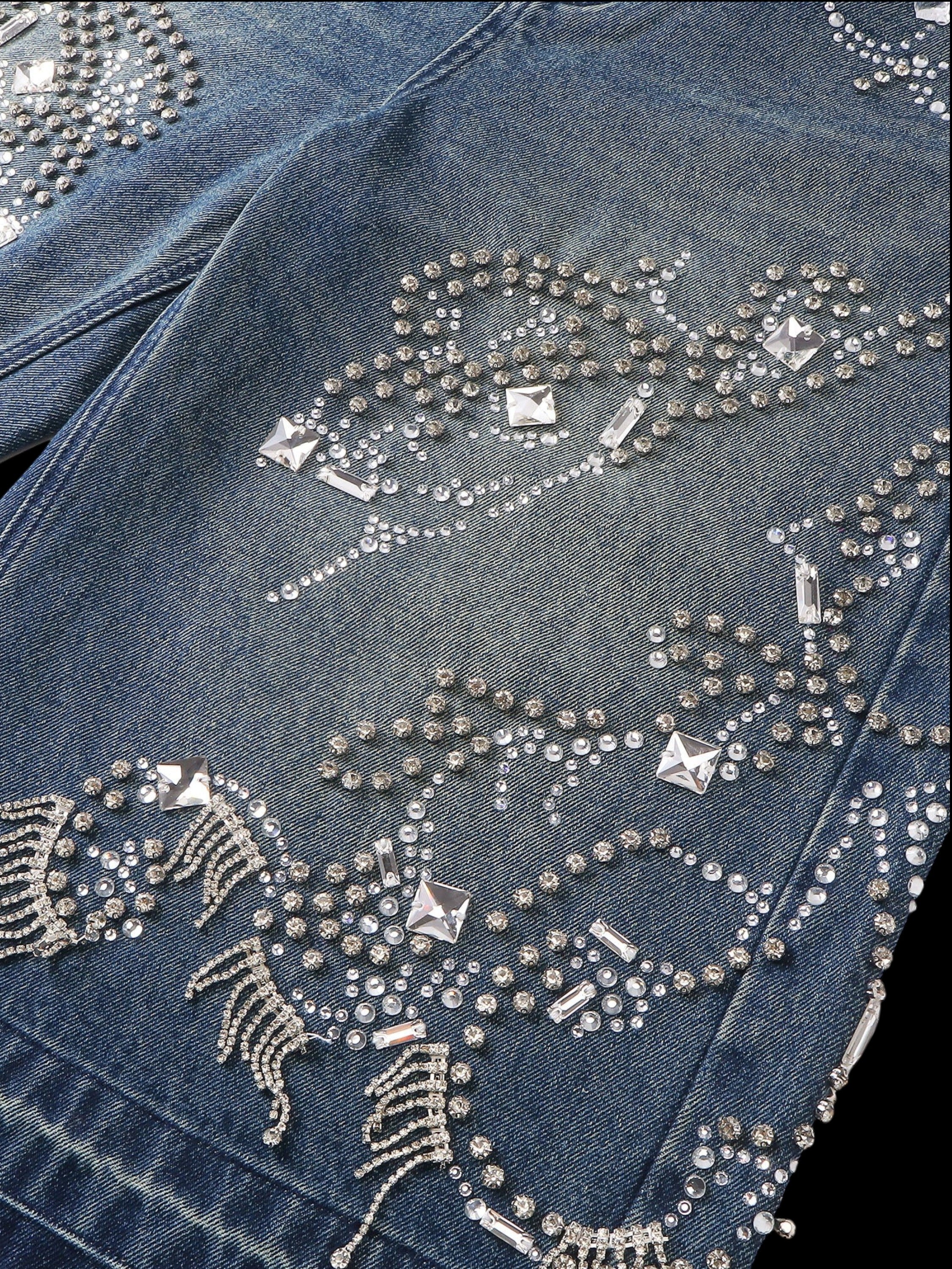 TBHNP Luminous Dawn rhinestone vine cropped wide-leg jeans — men's streetwear denim