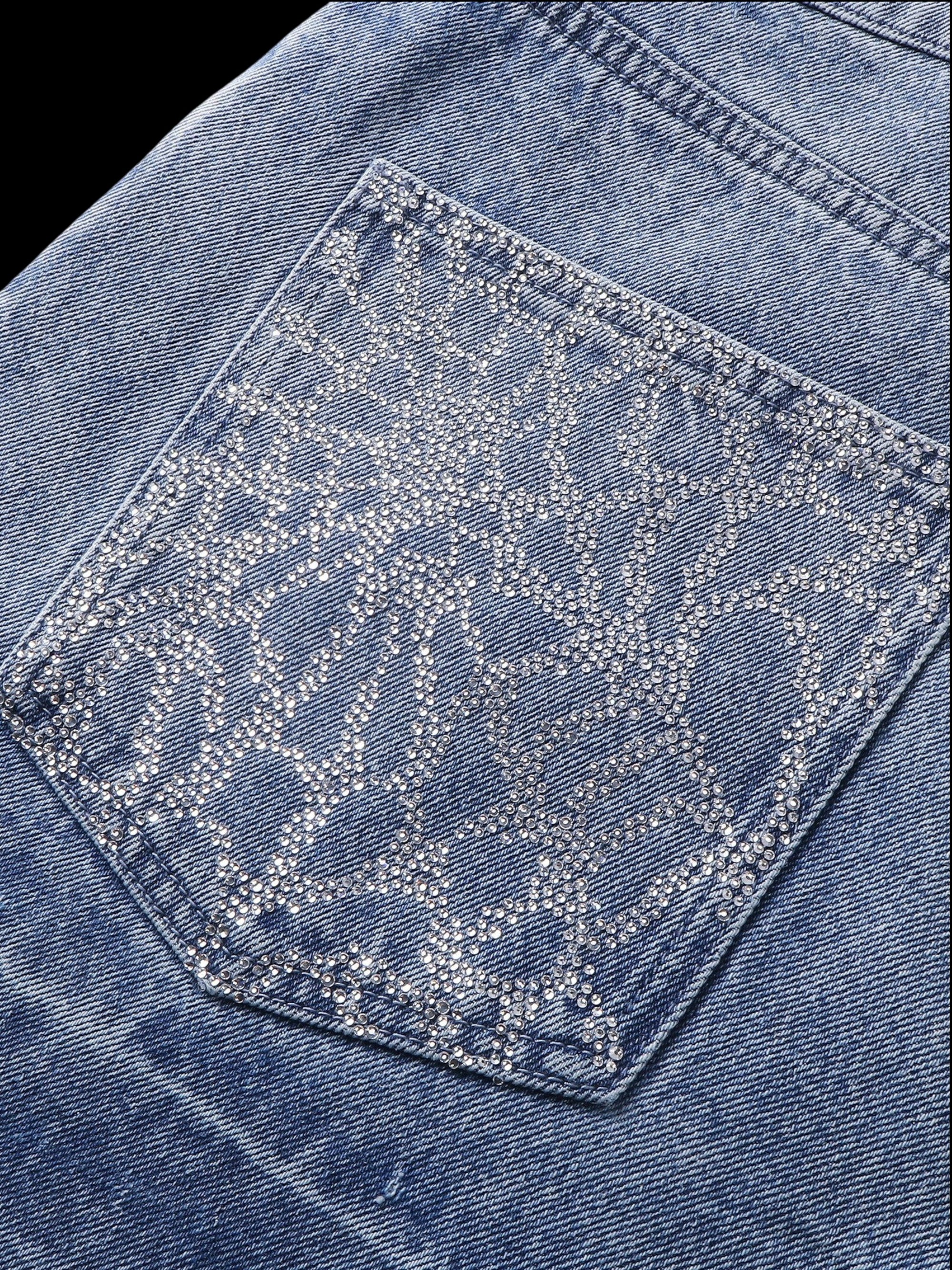 TBHNP Luminous Dawn cobweb rhinestone cropped jeans — men's streetwear denim