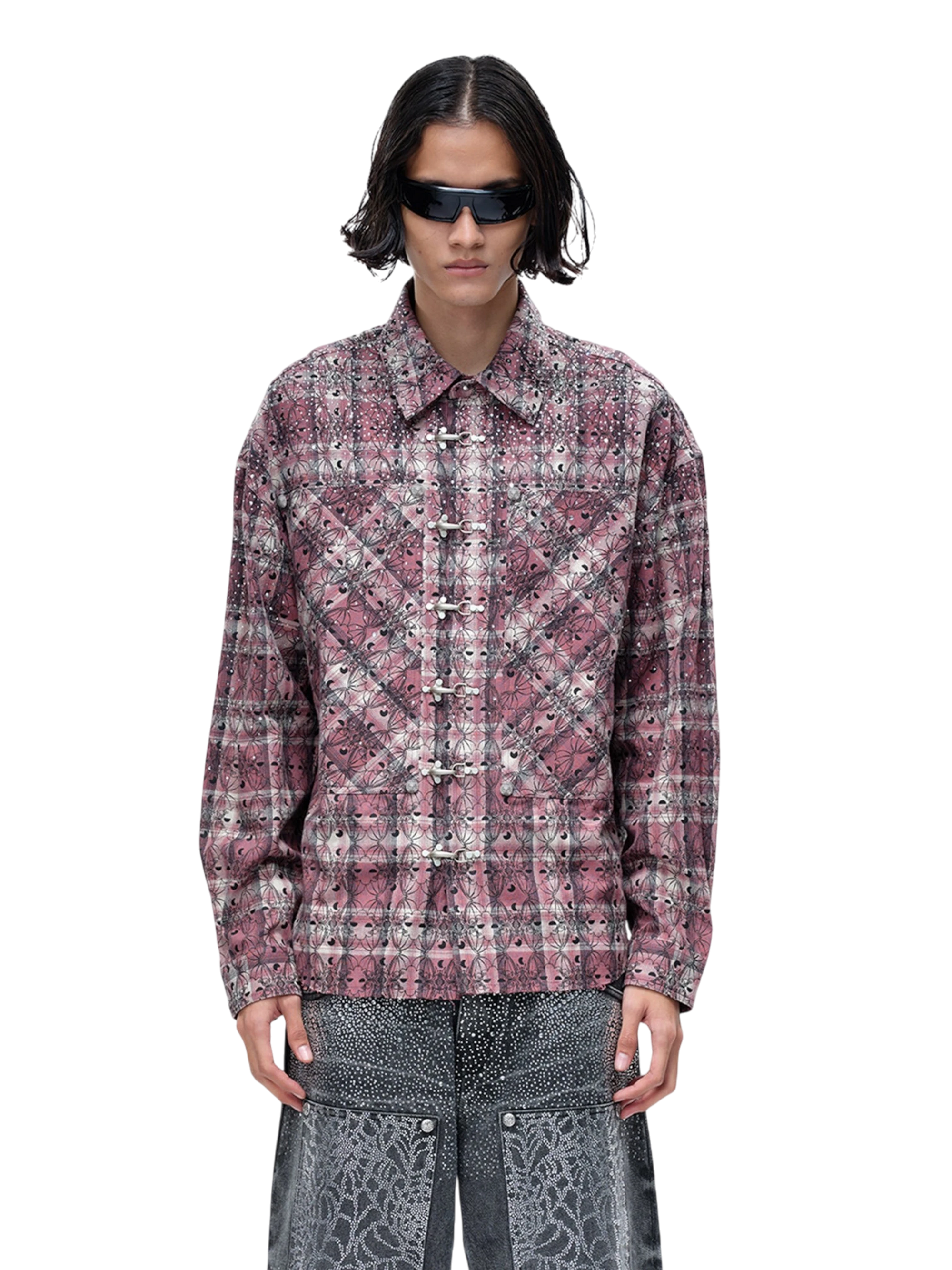 TBHNP Luminous Dawn Shadowbat buckle plaid flannel shirt — men's gothic streetwear button-up