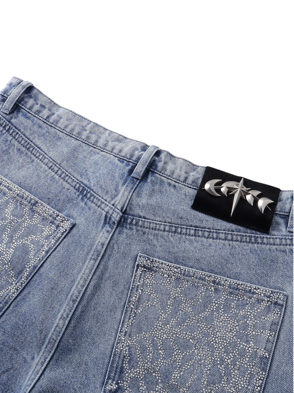 TBHNP Luminous Dawn cobweb rhinestone cropped jeans — men's streetwear denim