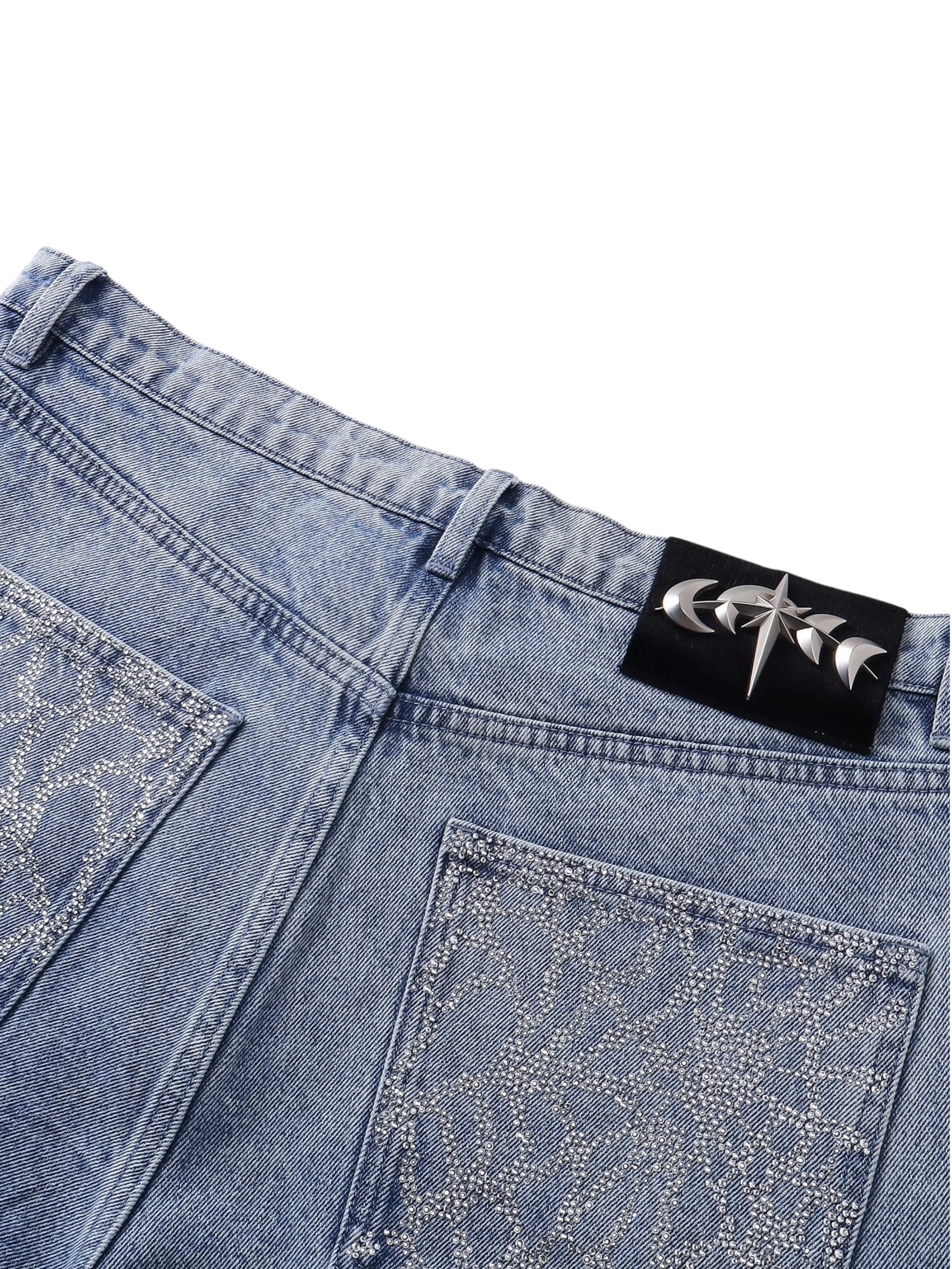 TBHNP Luminous Dawn cobweb rhinestone cropped jeans — men's streetwear denim