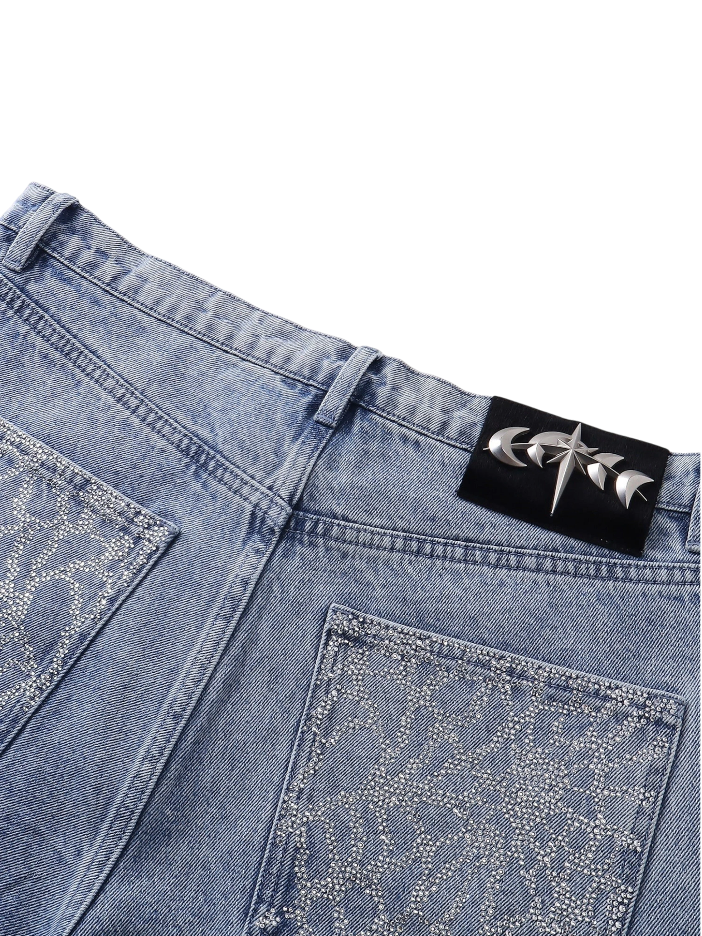 TBHNP Luminous Dawn cobweb rhinestone cropped jeans — men's streetwear denim
