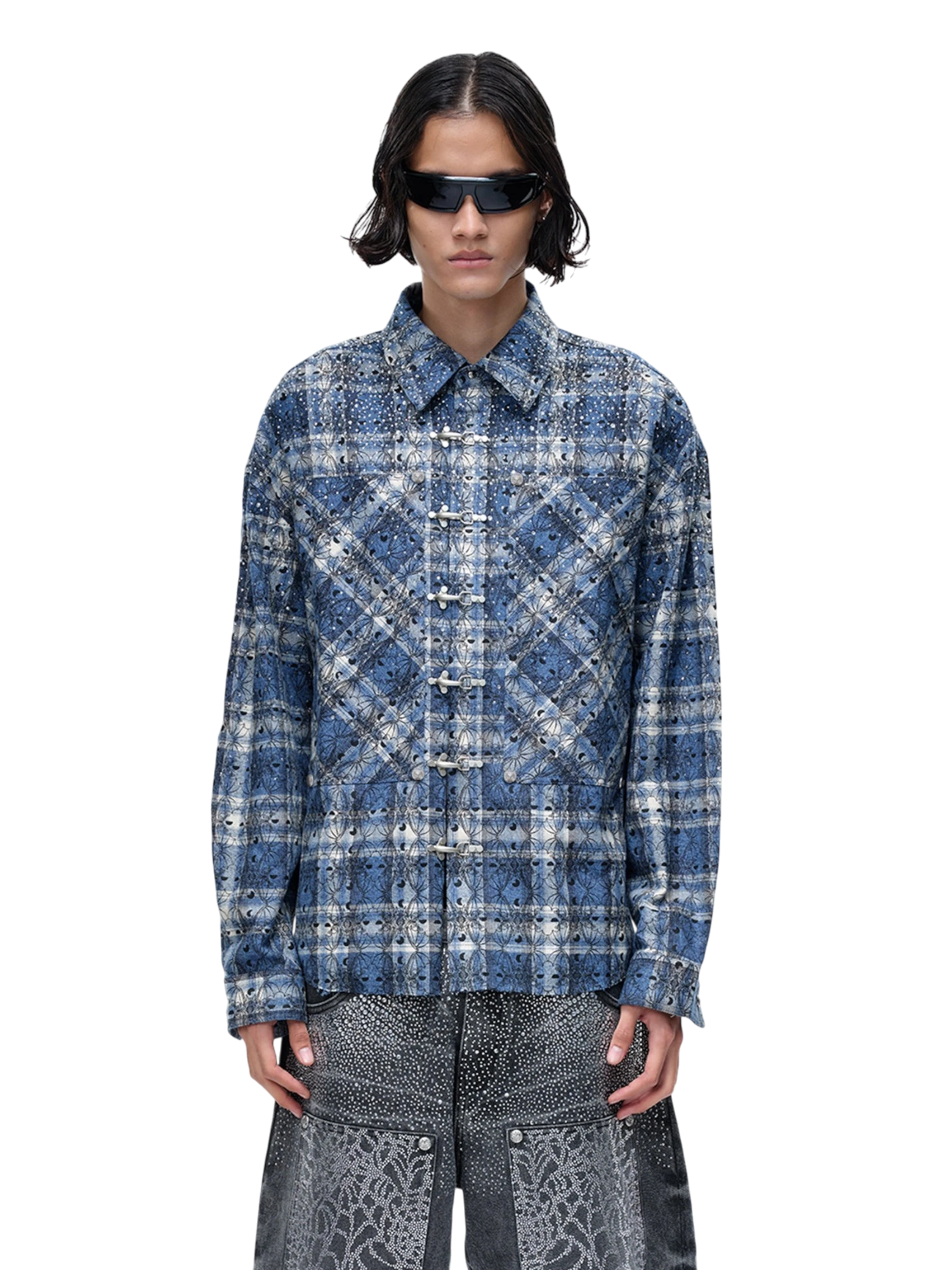 TBHNP Luminous Dawn Shadowbat buckle plaid flannel shirt — men's gothic streetwear button-up
