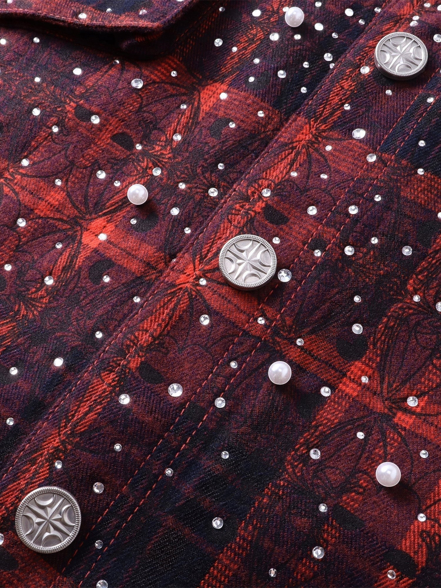 TBHNP Luminous Dawn rhinestone bat pattern plaid flannel shirt — men's gothic streetwear button-up