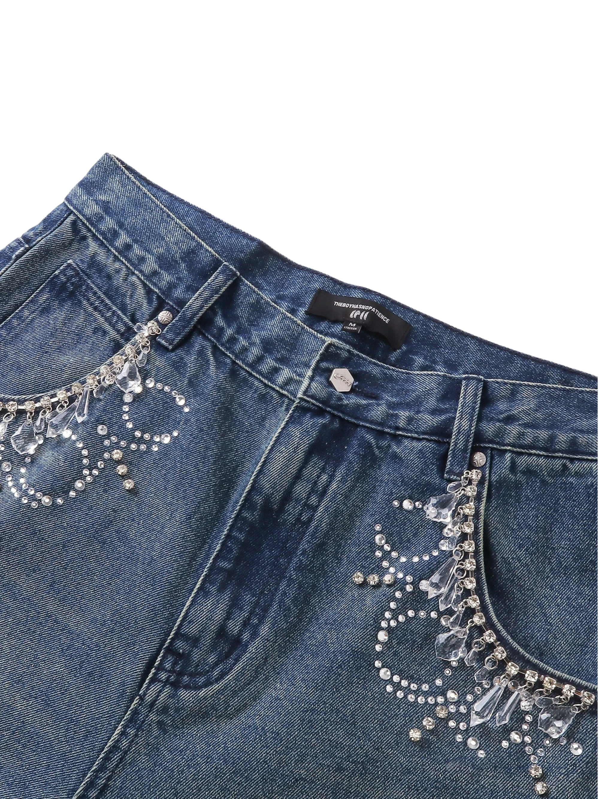 TBHNP Luminous Dawn rhinestone vine cropped wide-leg jeans — men's streetwear denim
