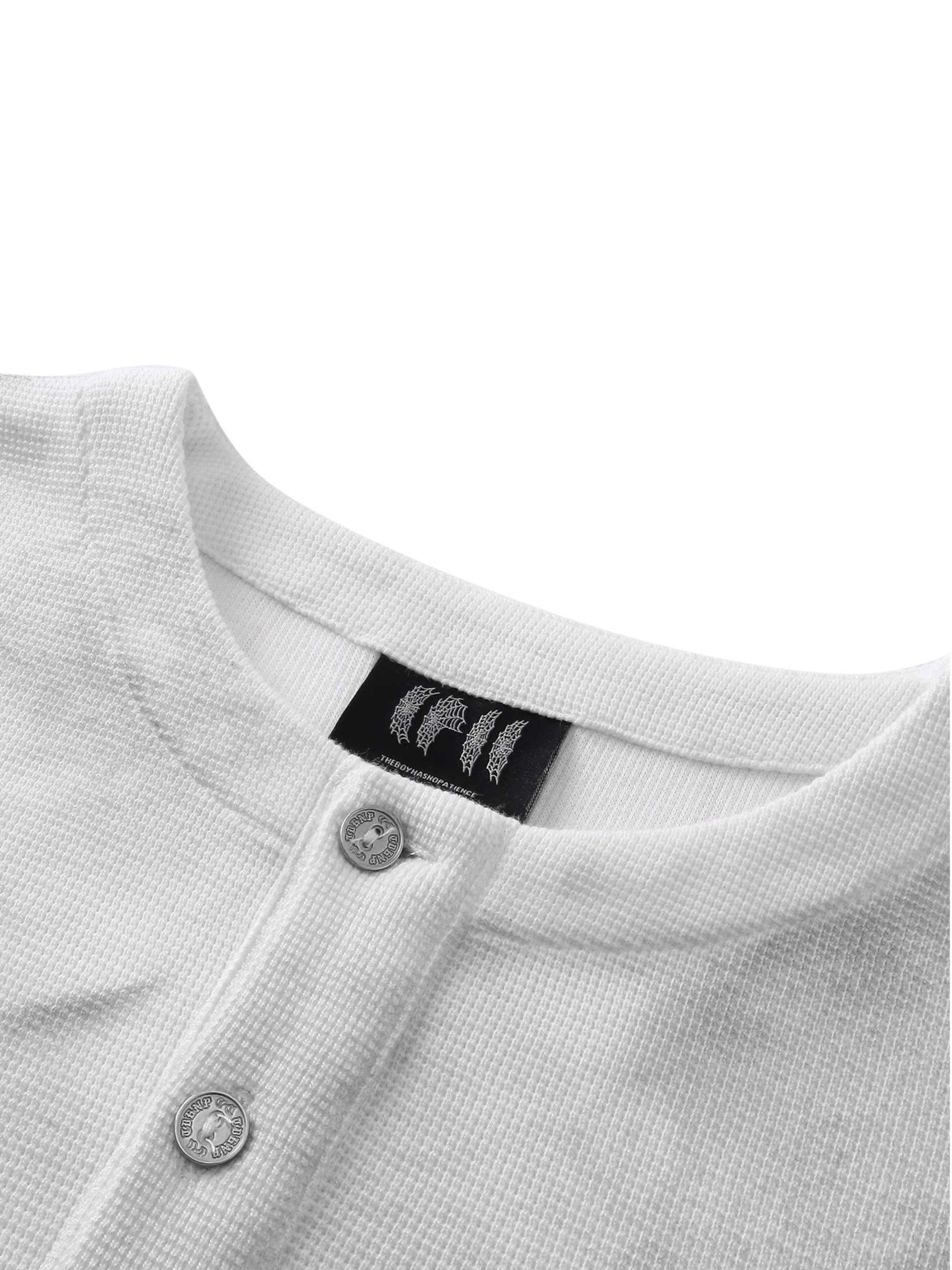 TBHNP Luminous Dawn waffle-knit henley long-sleeve top with metal chest badge — men's streetwear henley