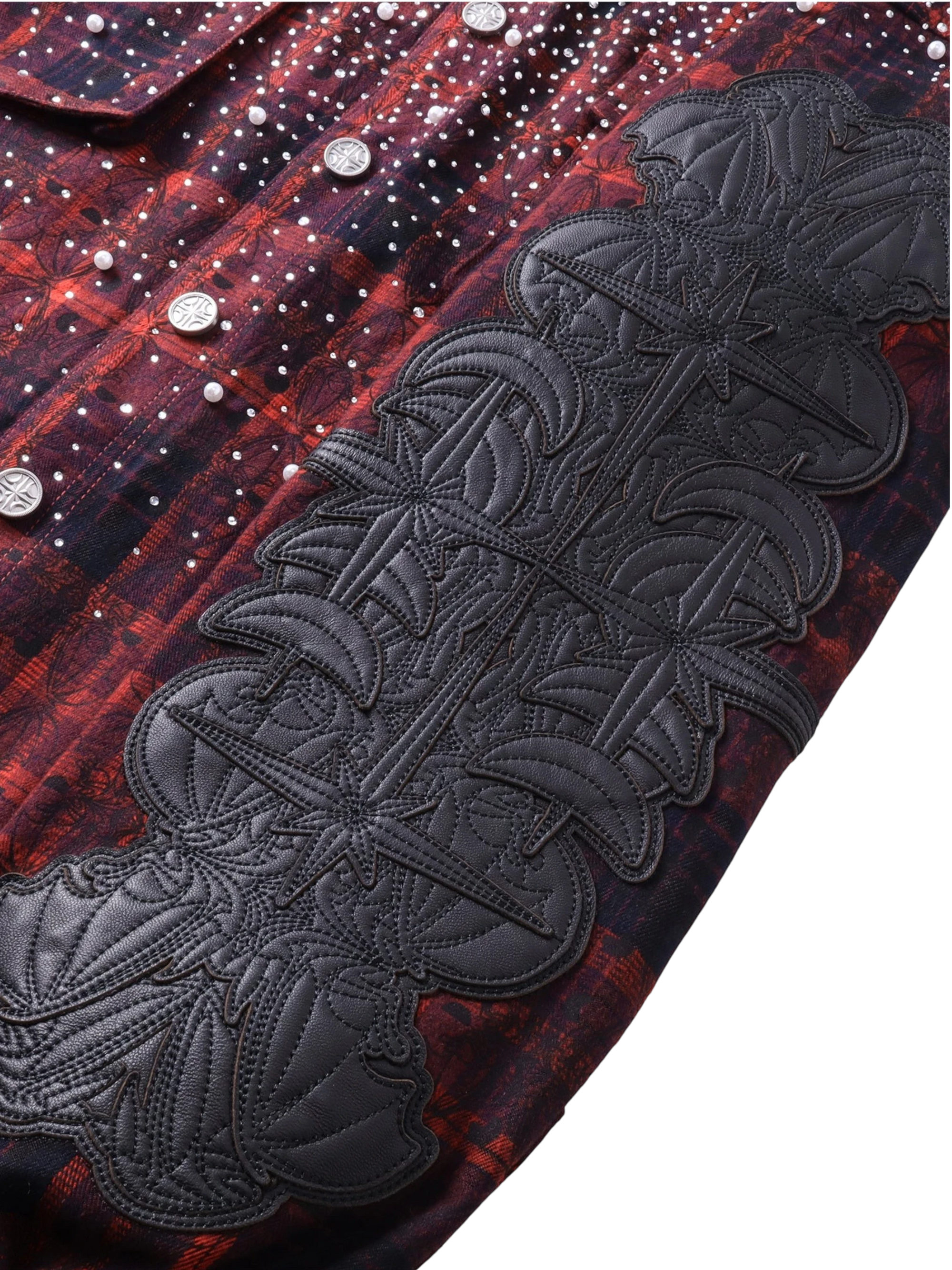 TBHNP Luminous Dawn rhinestone bat pattern plaid flannel shirt — men's gothic streetwear button-up