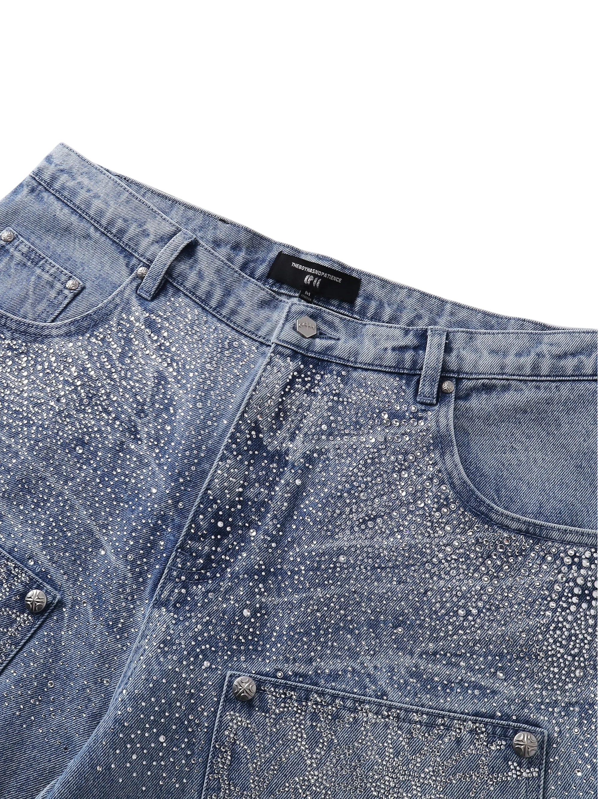 TBHNP Luminous Dawn cobweb rhinestone cropped jeans — men's streetwear denim