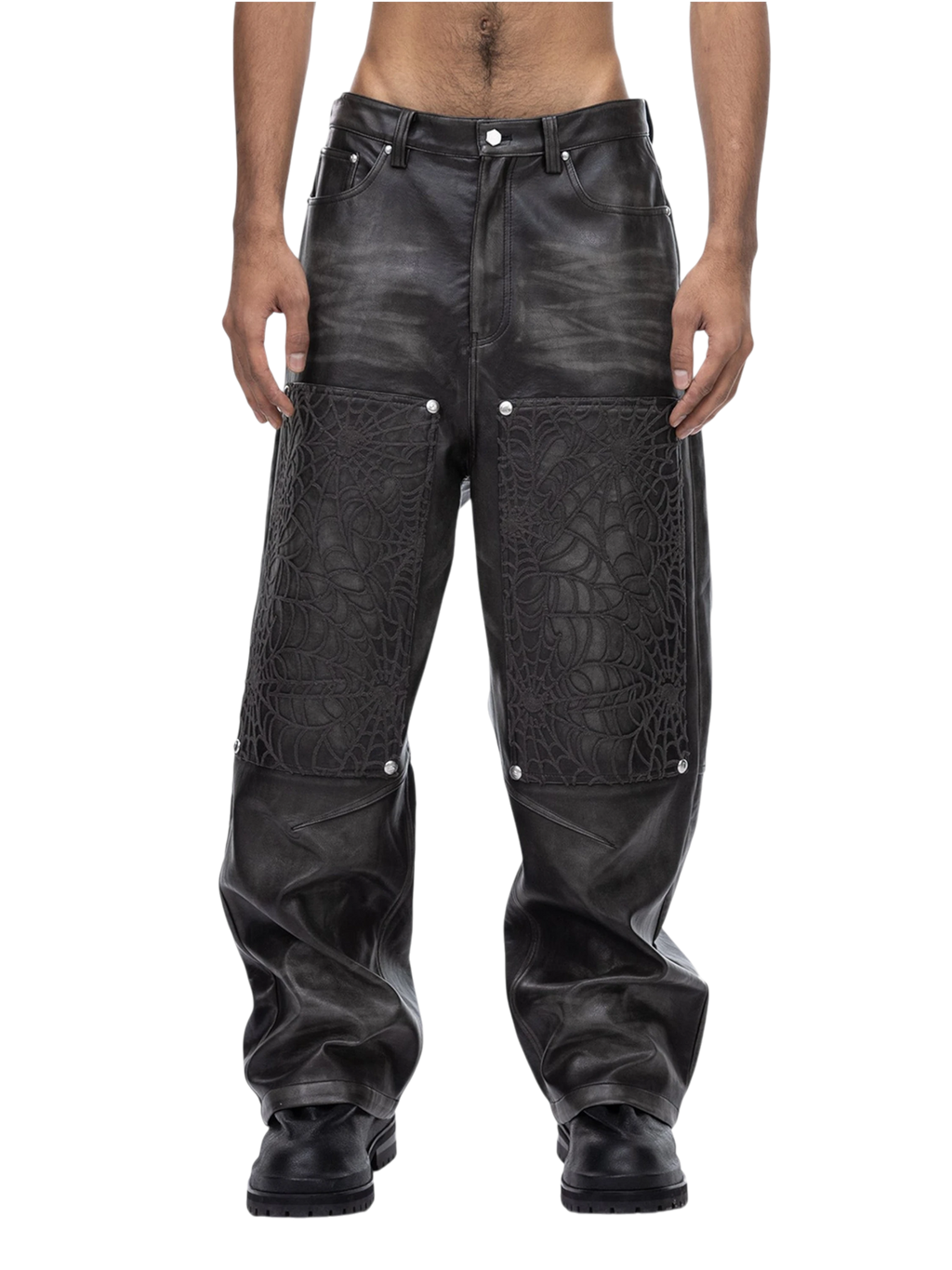 ECLIPSE OF THE BLOOD MOON COBWEB EMBROIDERED FAUX LEATHER PANTS