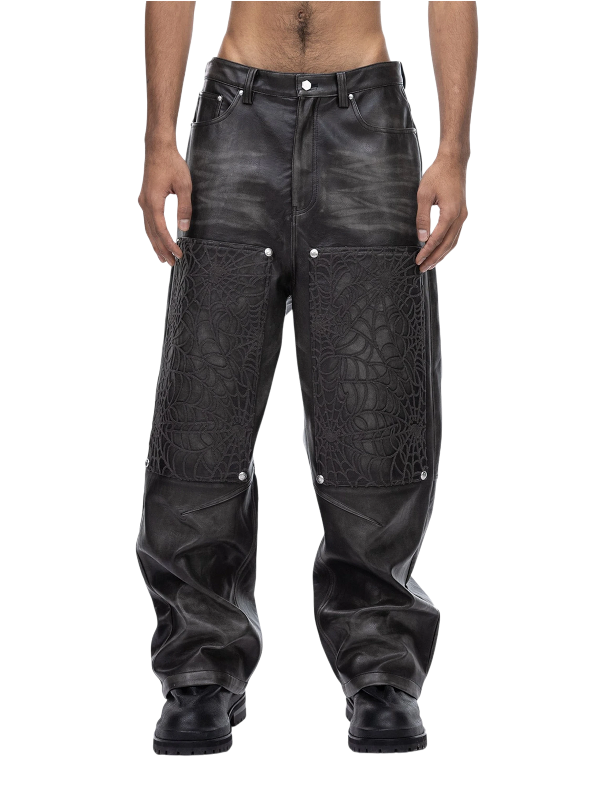 TBHNP Eclipse of the Blood Moon cobweb embroidered faux leather pants — men's gothic streetwear trousers
