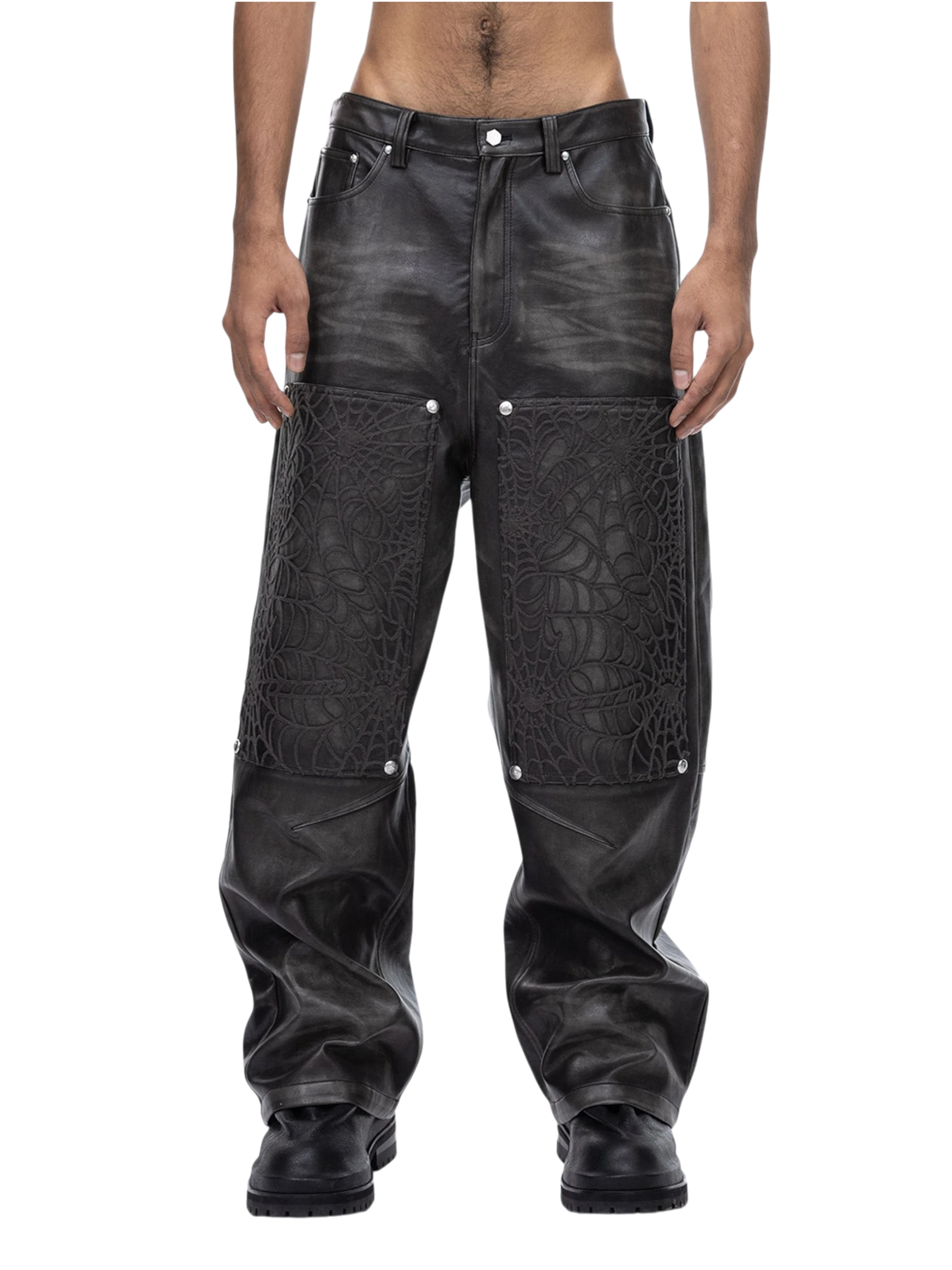 TBHNP Eclipse of the Blood Moon cobweb embroidered faux leather pants — men's gothic streetwear trousers