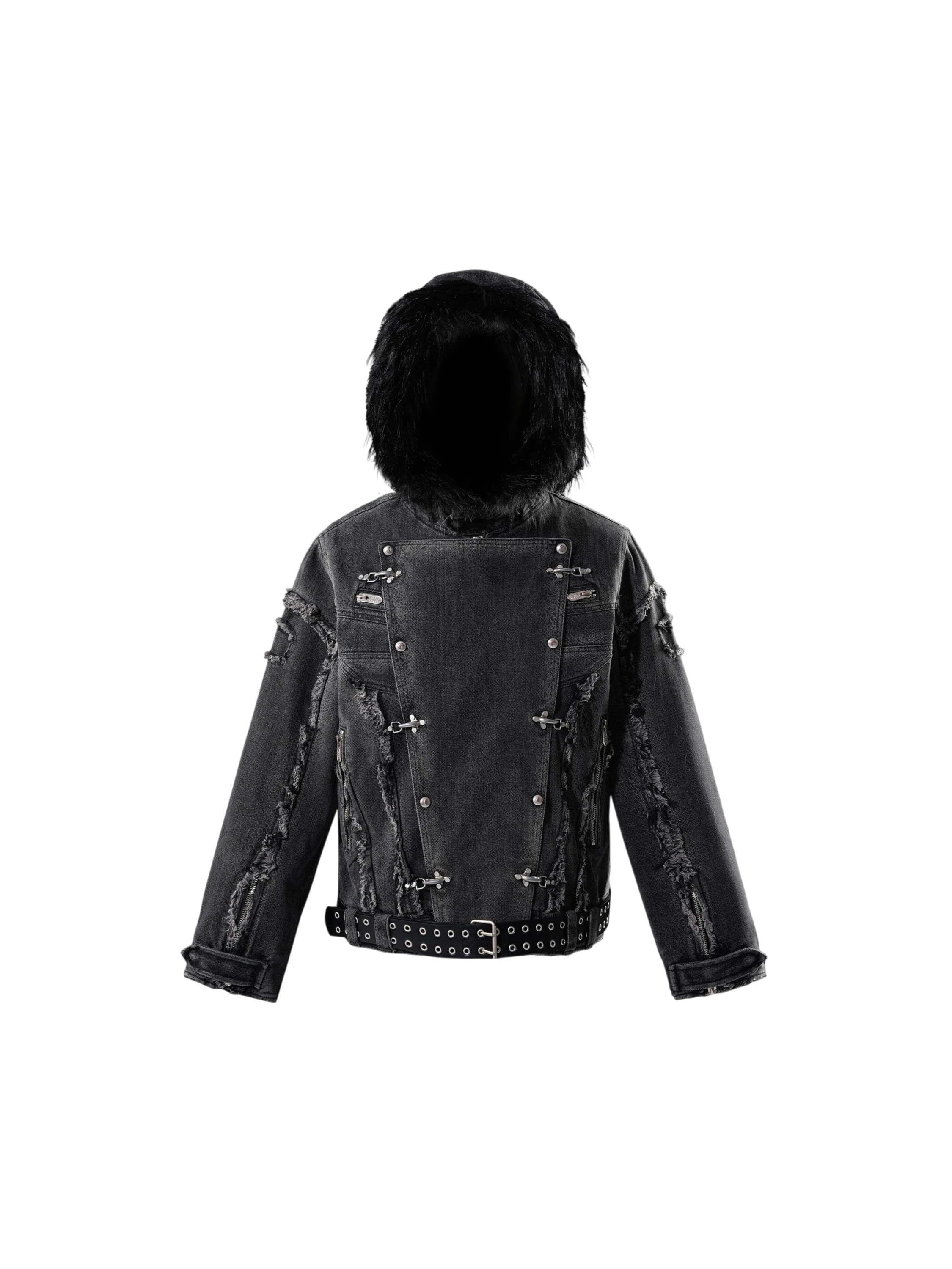 TBHNP Eclipse of the Blood Moon cobra print fur-hood moto jacket, black — men's streetwear jacket
