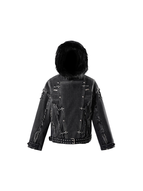 TBHNP Eclipse of the Blood Moon cobra print fur-hood moto jacket, black — men's streetwear jacket