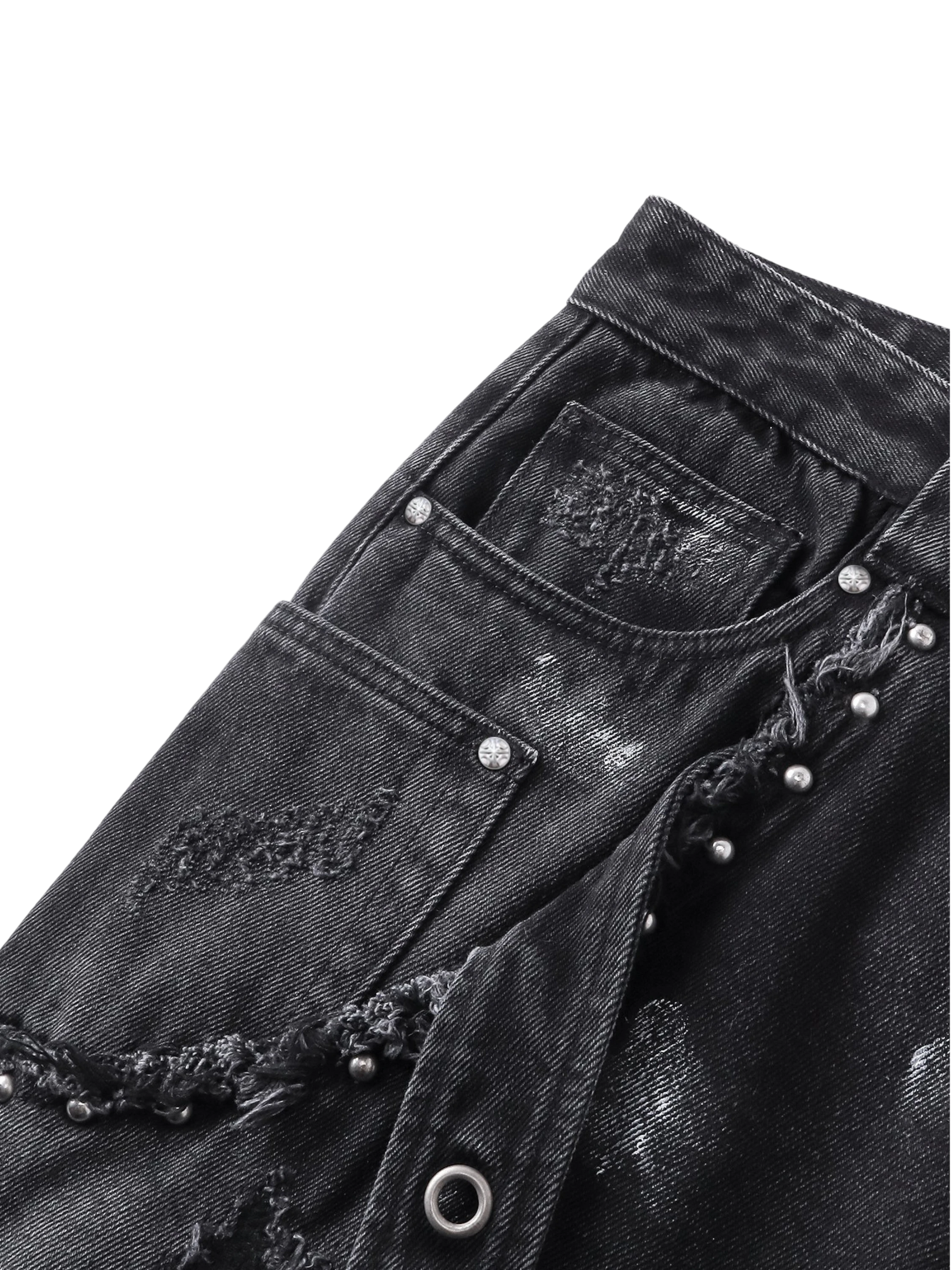 TBHNP Luminous Dawn rivet ribbon baggy jeans, black — men's streetwear denim