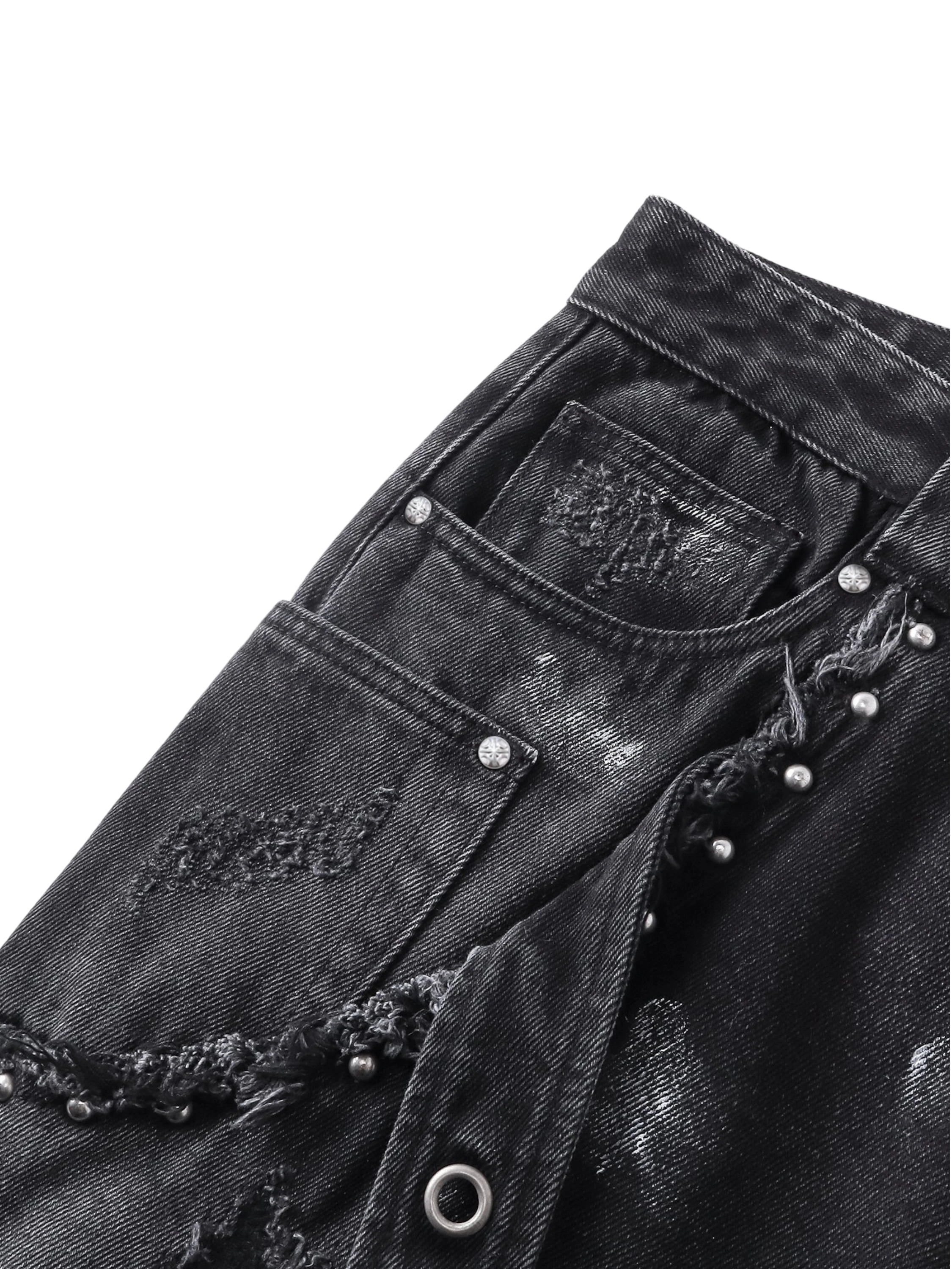 TBHNP Luminous Dawn rivet ribbon baggy jeans, black — men's streetwear denim