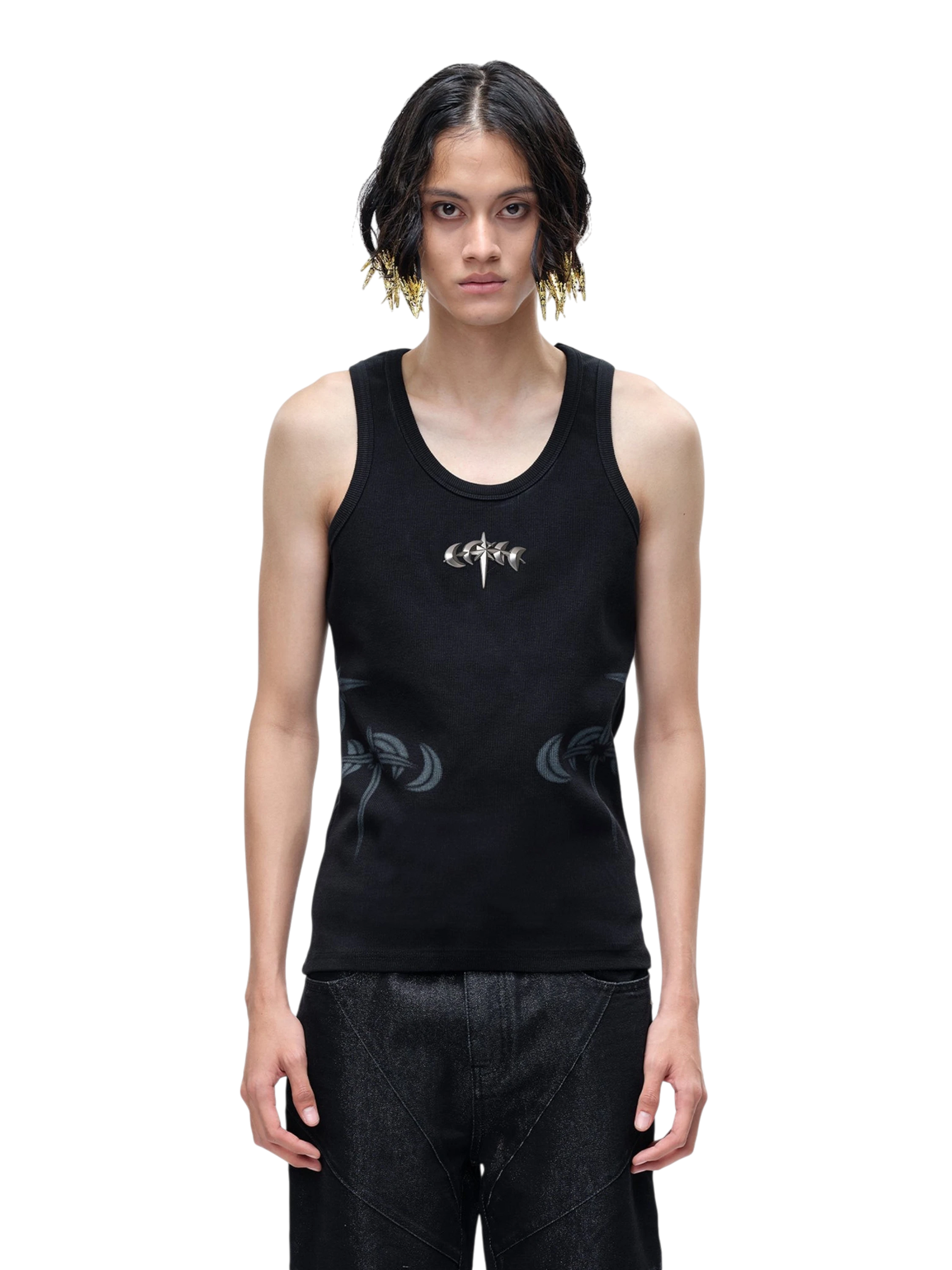 TBHNP Luminous Dawn ribbed cotton tank top with metal astral logo badge — men's streetwear sleeveless tee