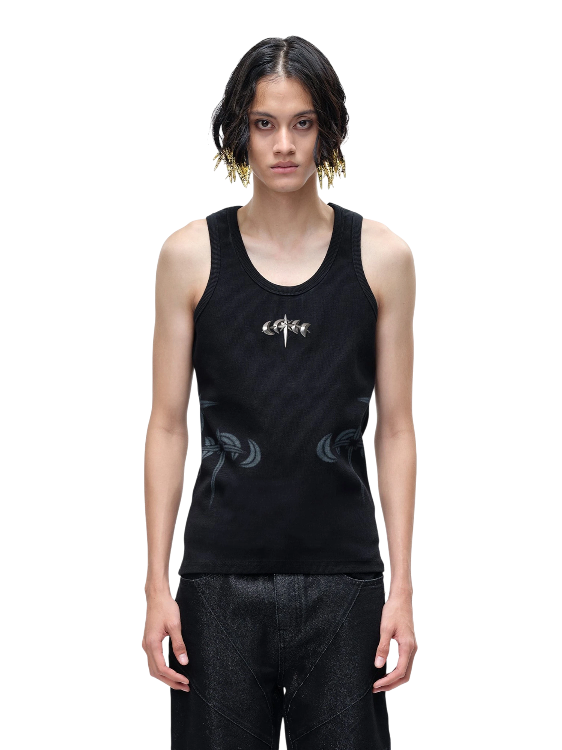 TBHNP Luminous Dawn ribbed cotton tank top with metal astral logo badge — men's streetwear sleeveless tee