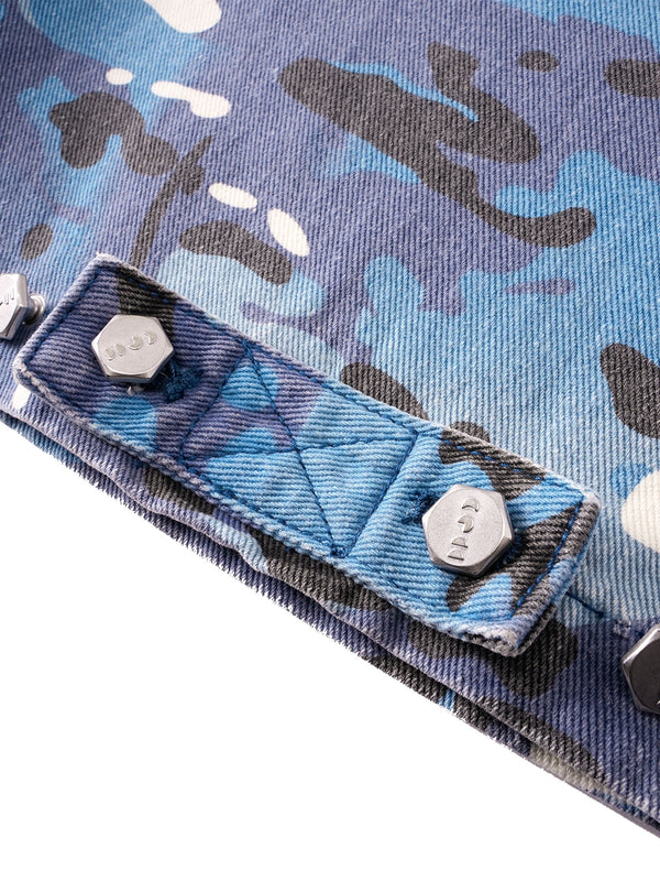 ECLIPSE OF THE BLOOD MOON DISTRESSED DENIM BLUE CAMOUFLAGE LAYERED PANTS