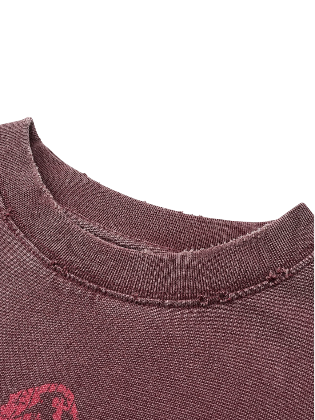 Close-up of the faded print on TBHNP burgundy Wraith Sorcerer tee — men's streetwear detail