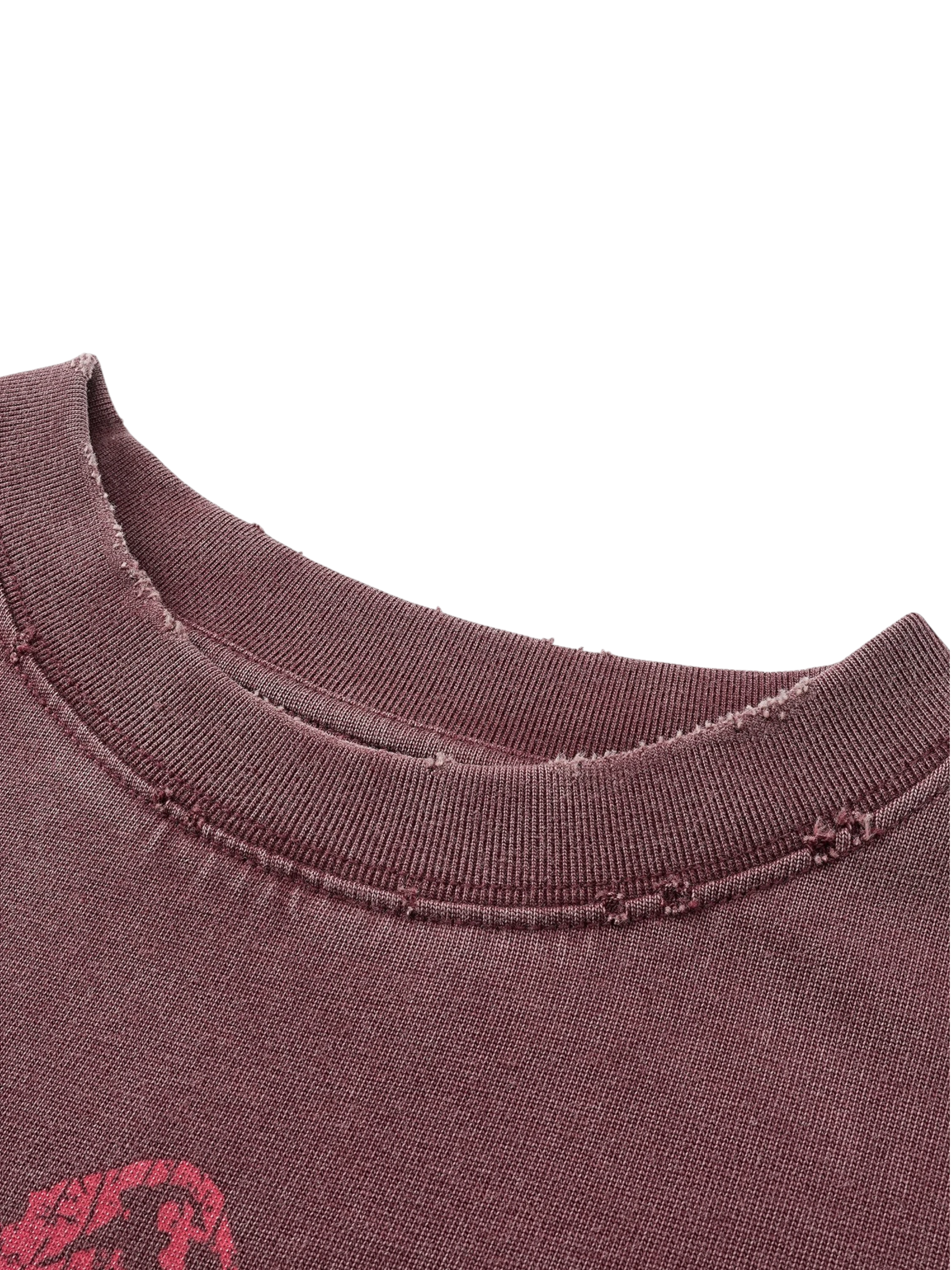 Close-up of the faded print on TBHNP burgundy Wraith Sorcerer tee — men's streetwear detail