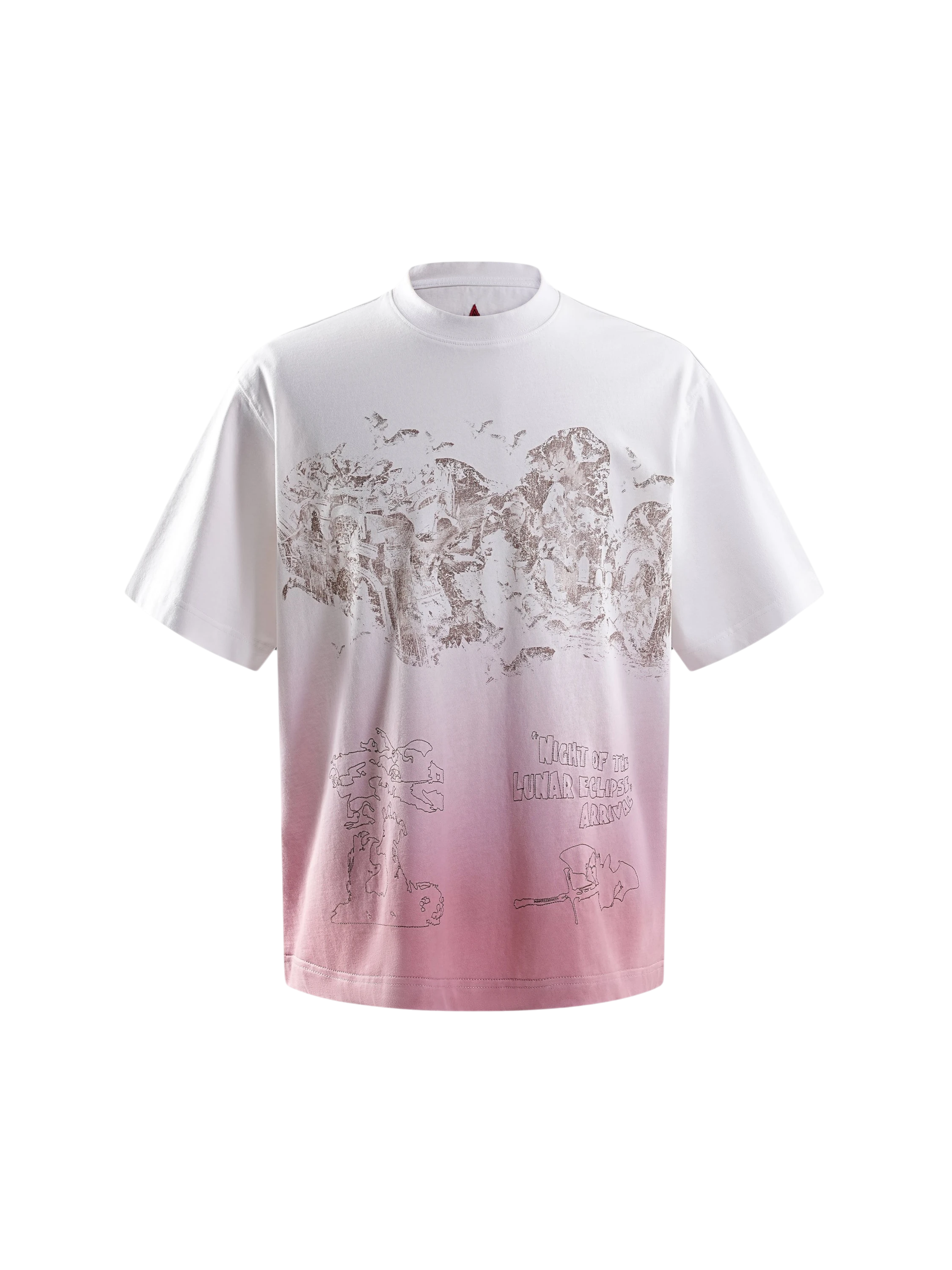 TBHNP arrival deconstructed short-sleeve tee in white with pink dip-dye, front flat-lay — men's streetwear tee
