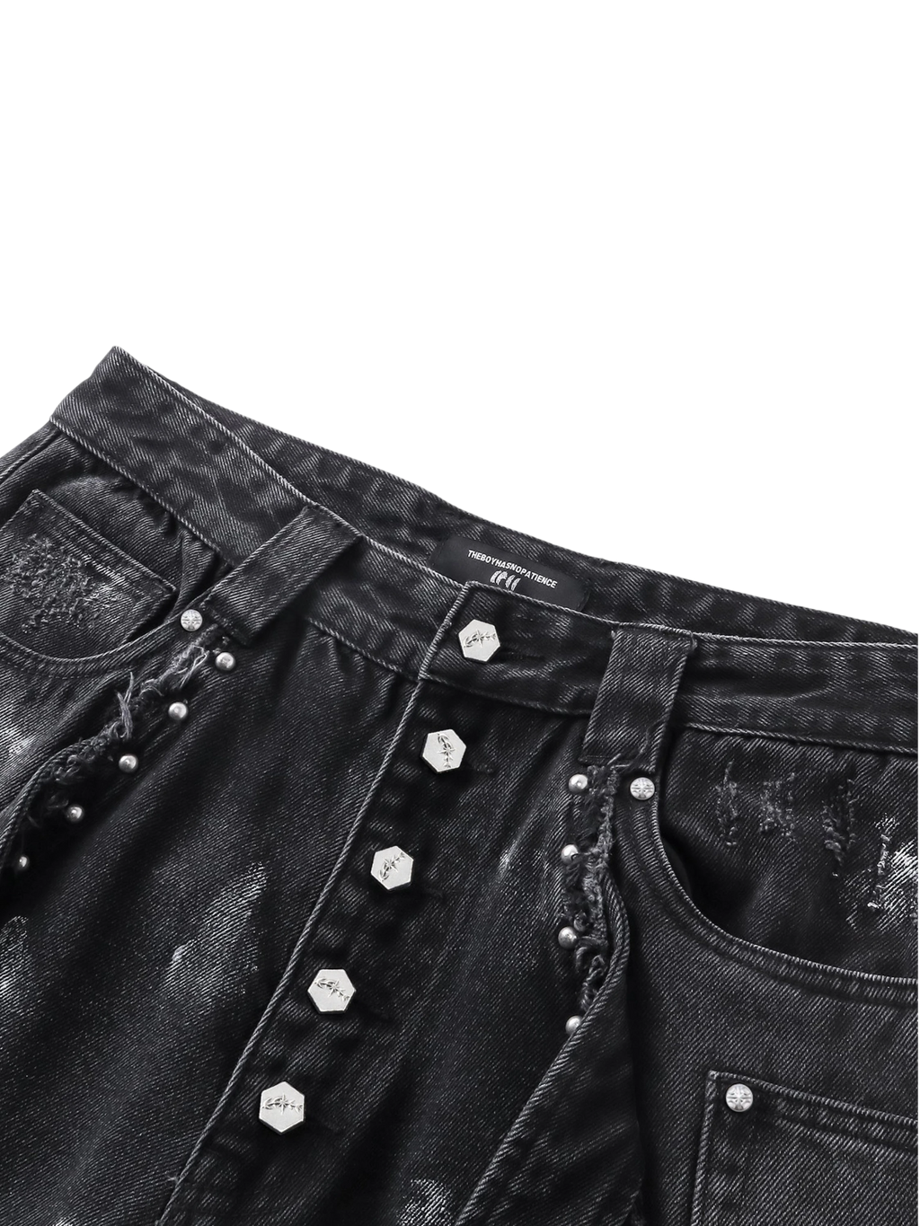 TBHNP Luminous Dawn rivet ribbon baggy jeans, black — men's streetwear denim