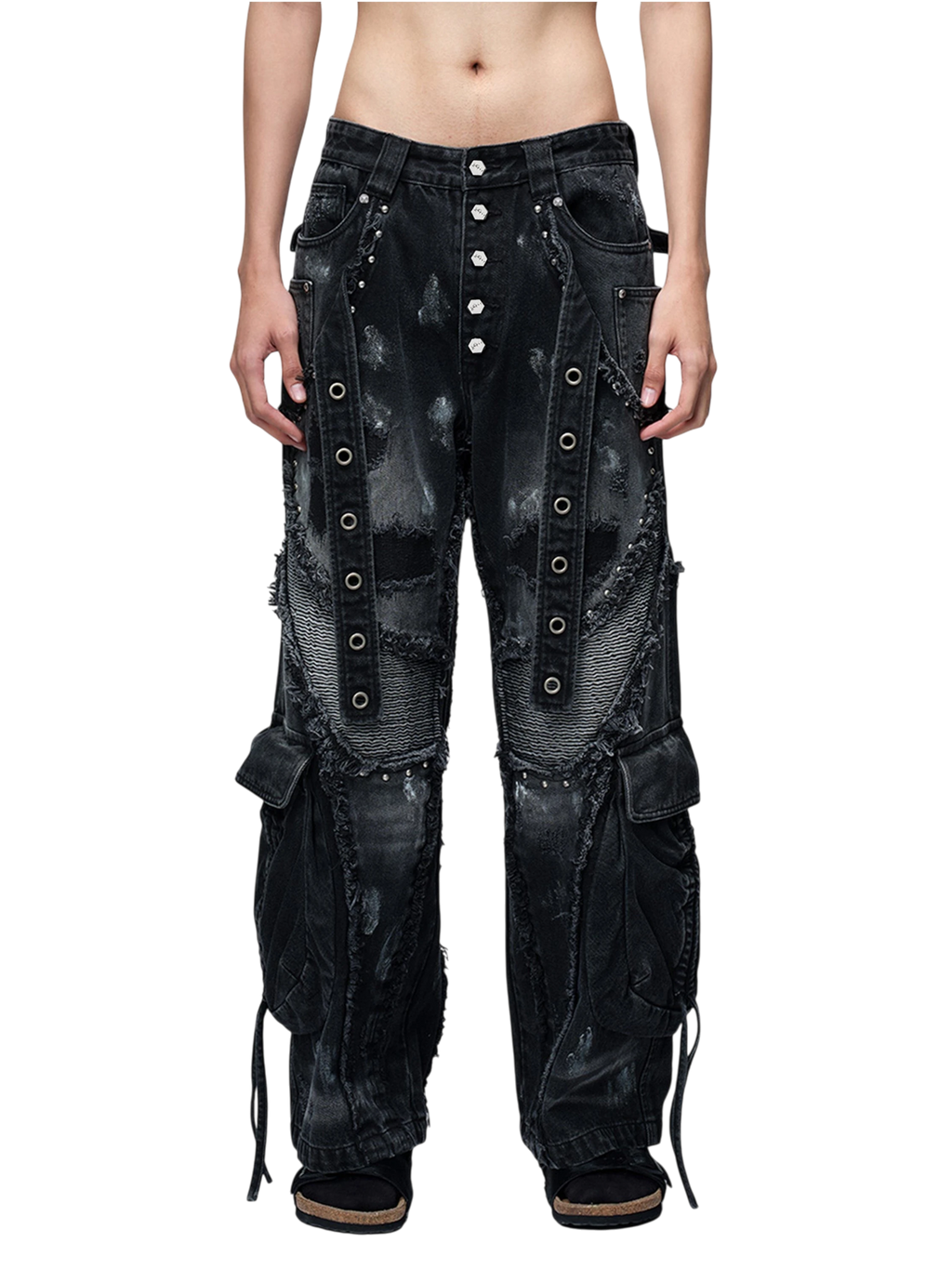 TBHNP Luminous Dawn rivet ribbon baggy jeans, black — men's streetwear denim