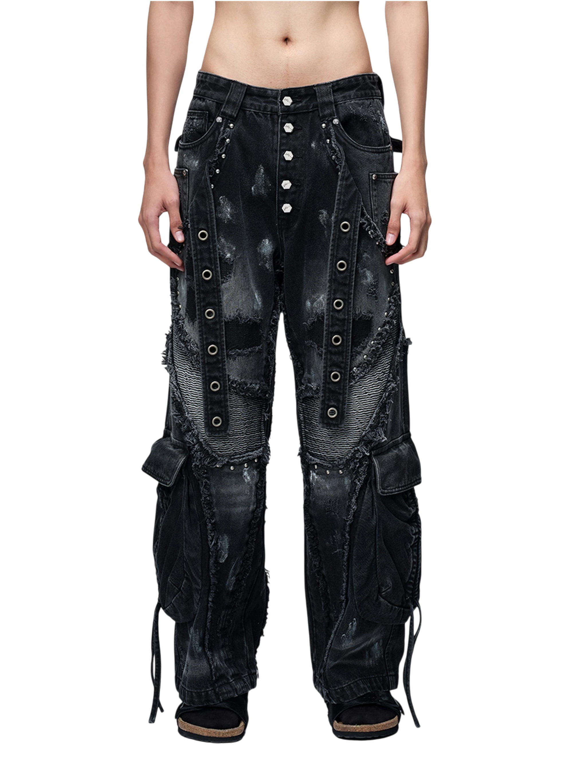 TBHNP Luminous Dawn rivet ribbon baggy jeans, black — men's streetwear denim